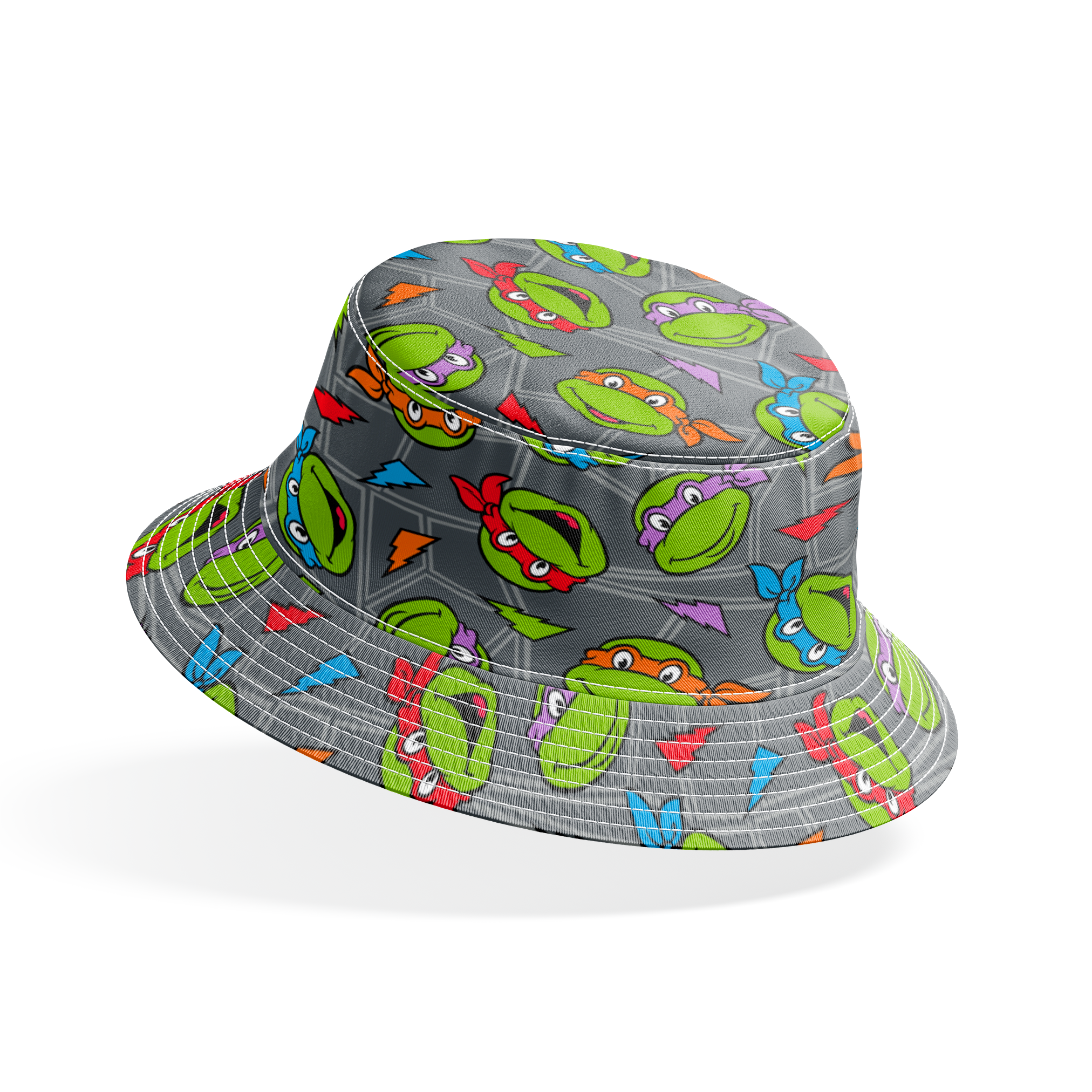 Colorful pattern of Teenage Mutant Ninja Turtles faces with red, orange, blue, and purple masks on grey background. bucket hat mockup