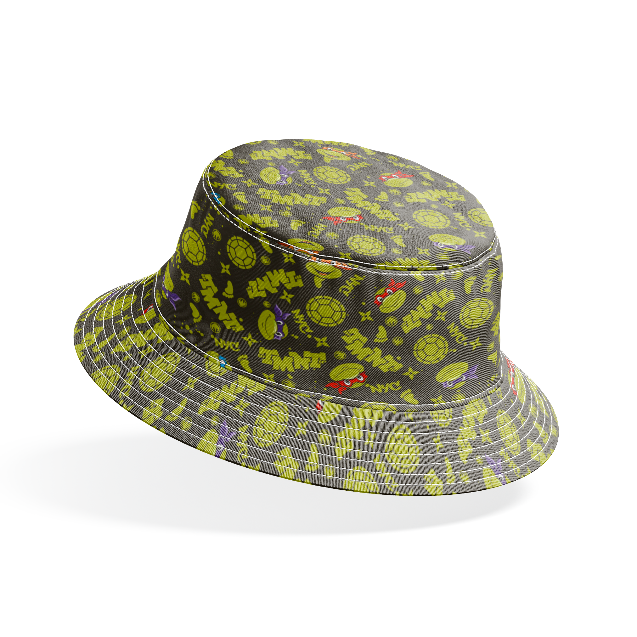 Pattern of Teenage Mutant Ninja Turtles with "TMNT" text on dark background bucket hat mockup