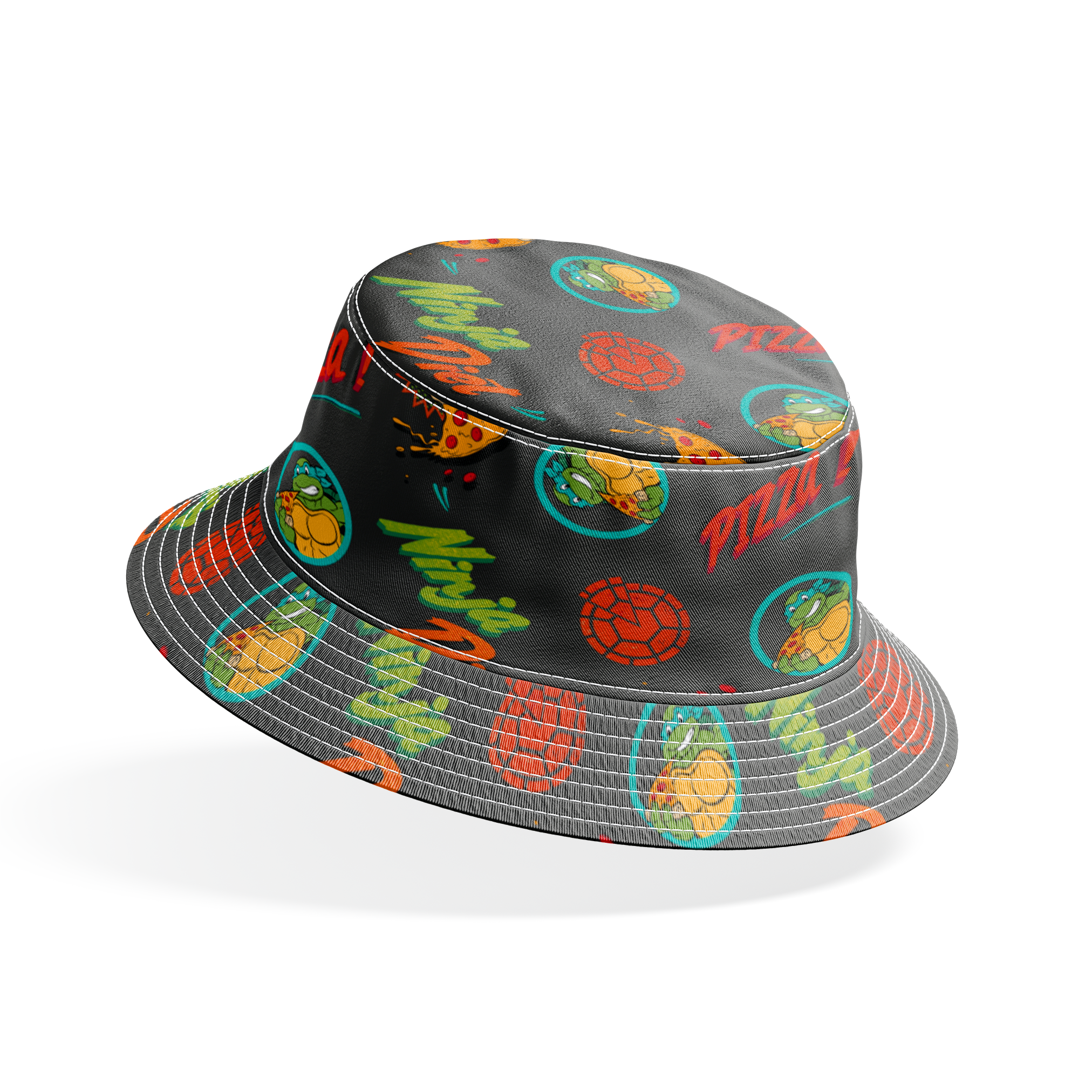 Colorful cartoon pizza pattern with "Pizza!" text, Teenage Mutant Ninja Turtles in circles, and decorative elements on dark background. bucket hat mockup
