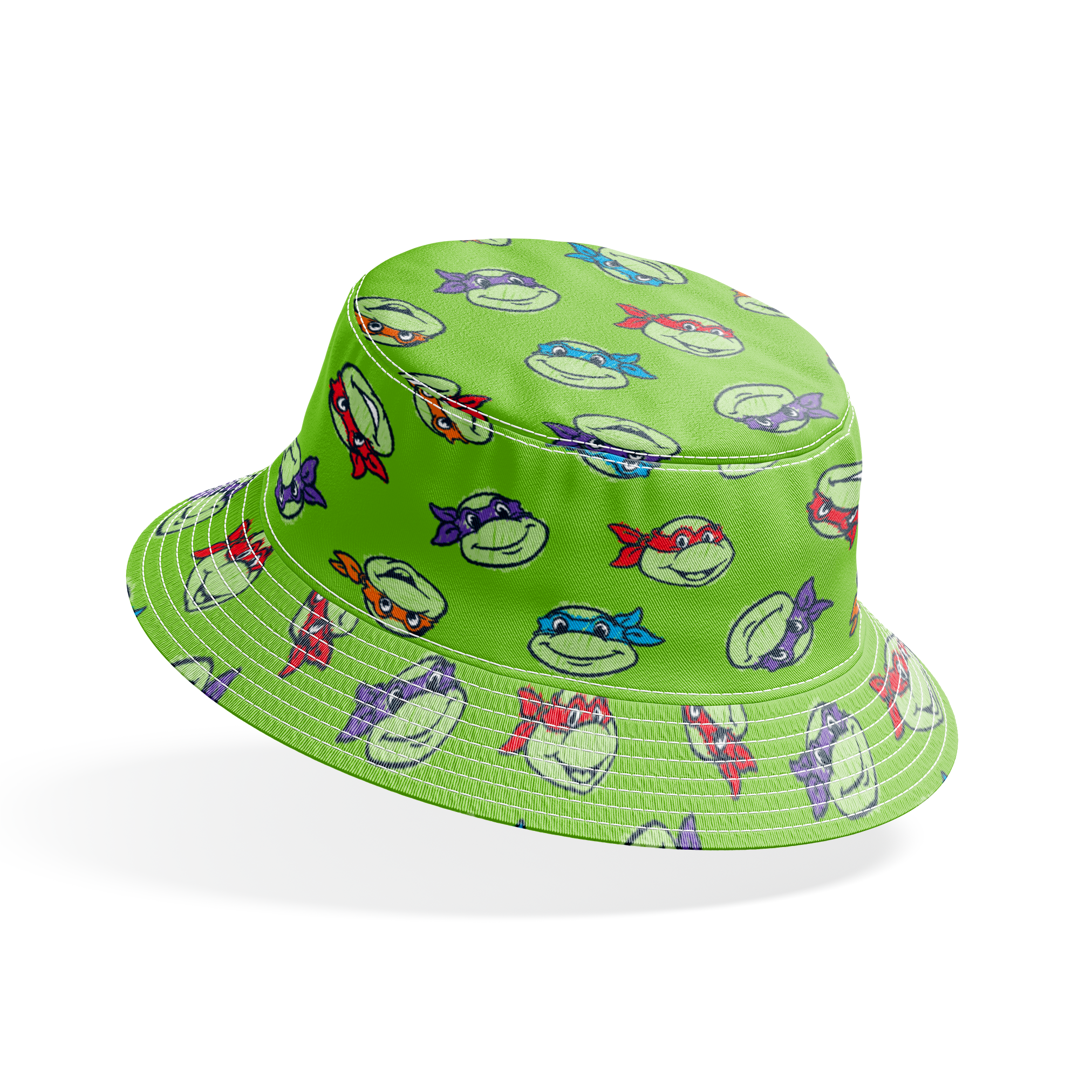 Teenage Mutant Ninja Turtles scattered on bright green background bucket hat mockup