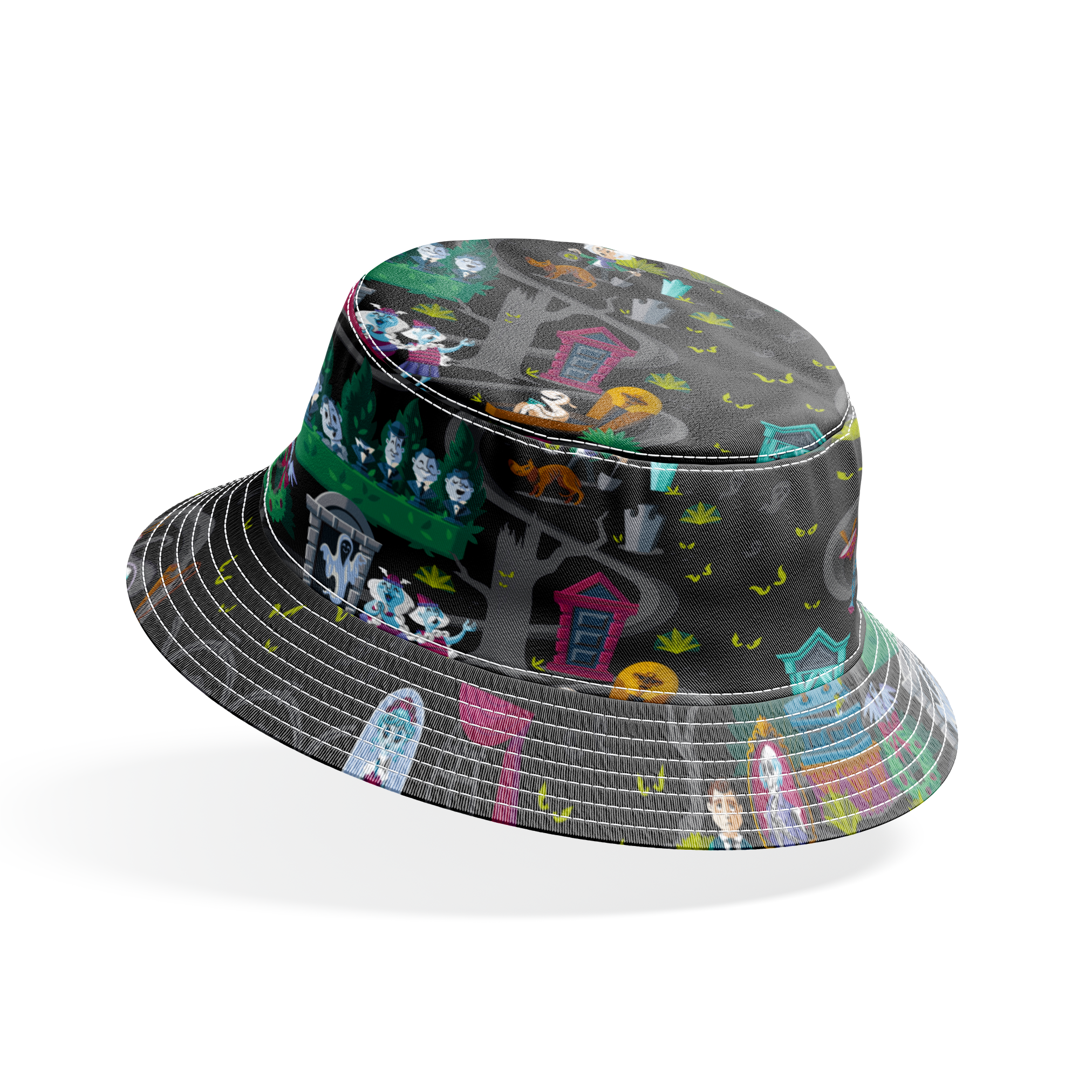 Dark background collage of colorful haunted house elements with ghosts, skeletons, potion bottles, and spooky characters in a whimsical pattern bucket hat mockup