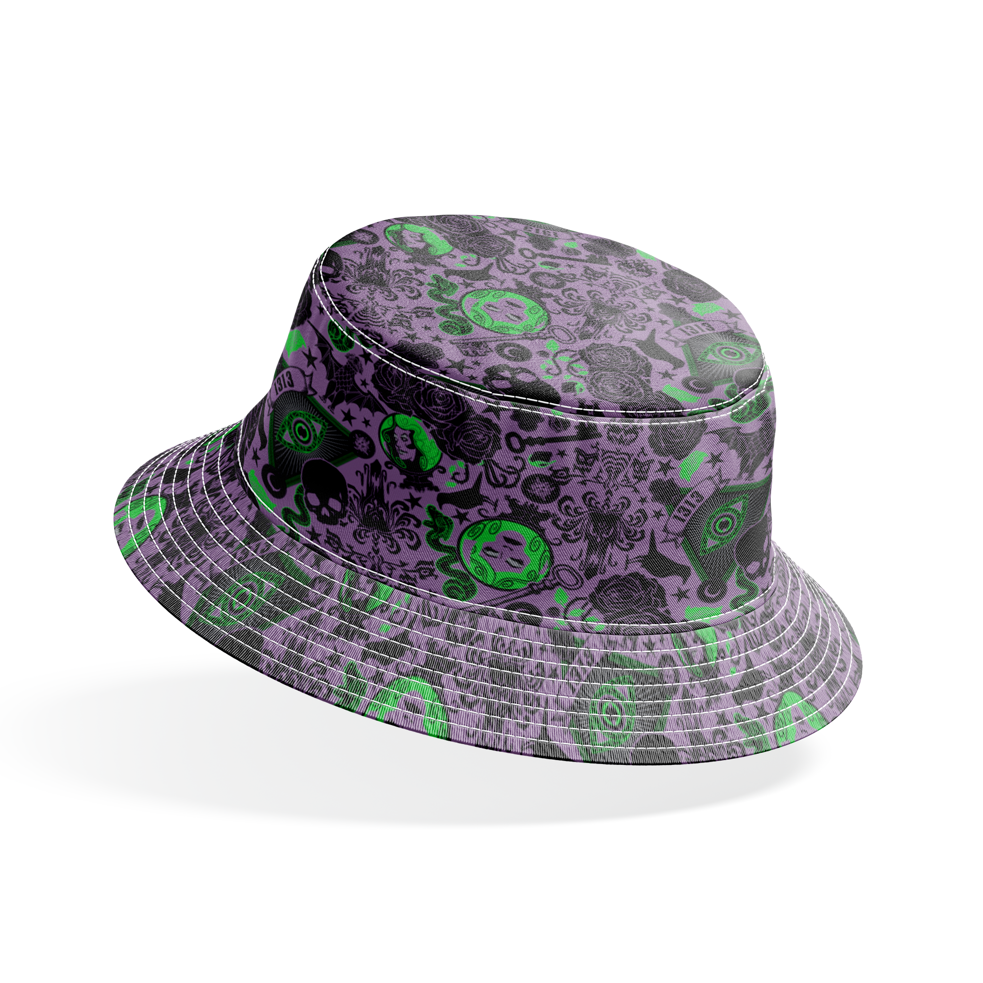 A dark purple background with gothic imagery in black and neon green featuring mystical elements including roses, celestial symbols, eyes, hands, and ornate decorative patterns. bucket hat mockup