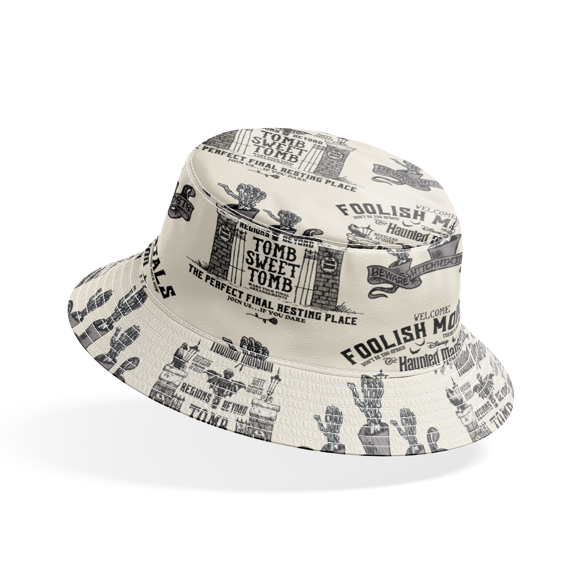 Repeating pattern of "Foolish Mortals" Haunted Mansion signage with ornate tomb designs in vintage black and cream style bucket hat mockup