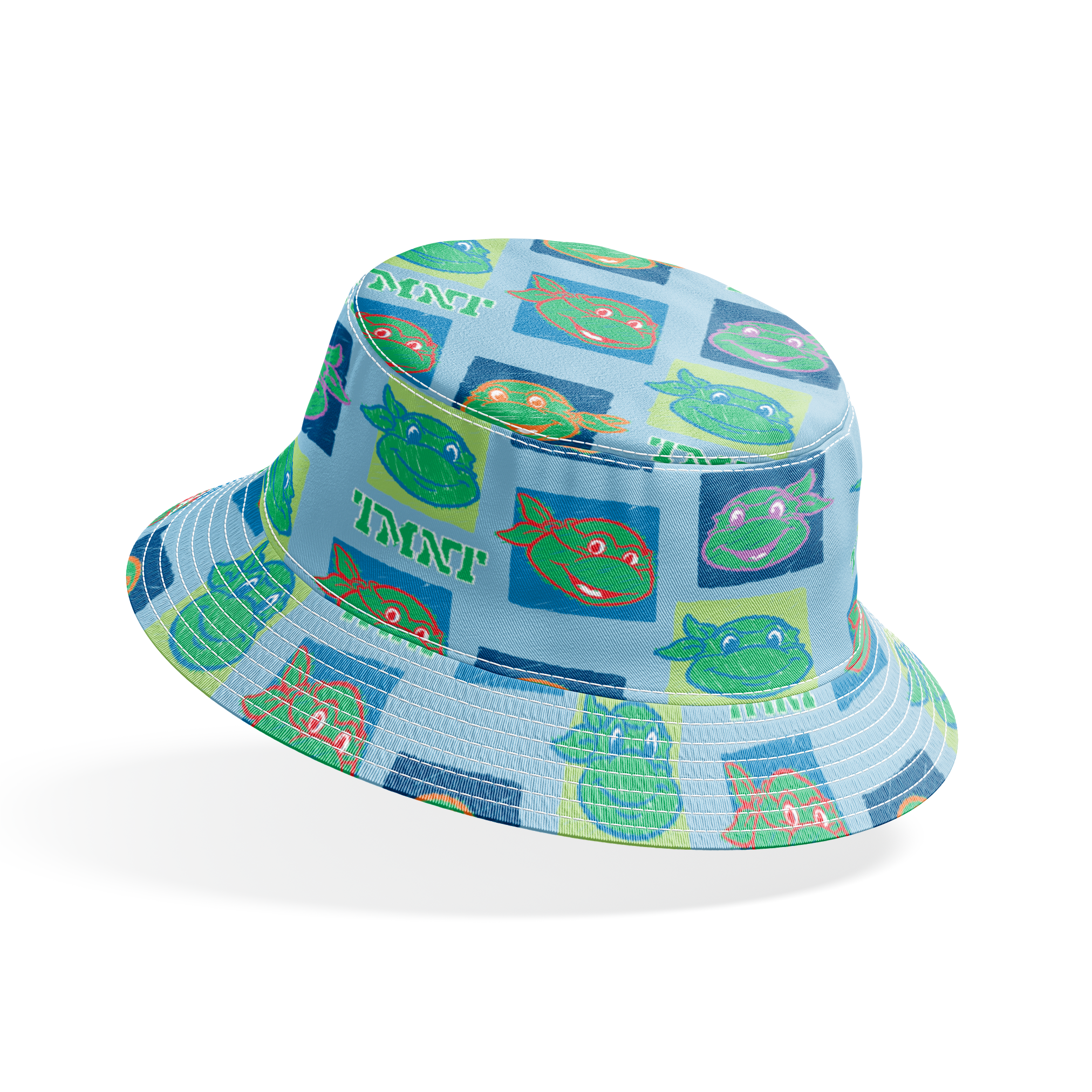 Teenage Mutant Ninja Turtles pattern with cartoon turtle faces in squares on light blue background bucket hat mockup