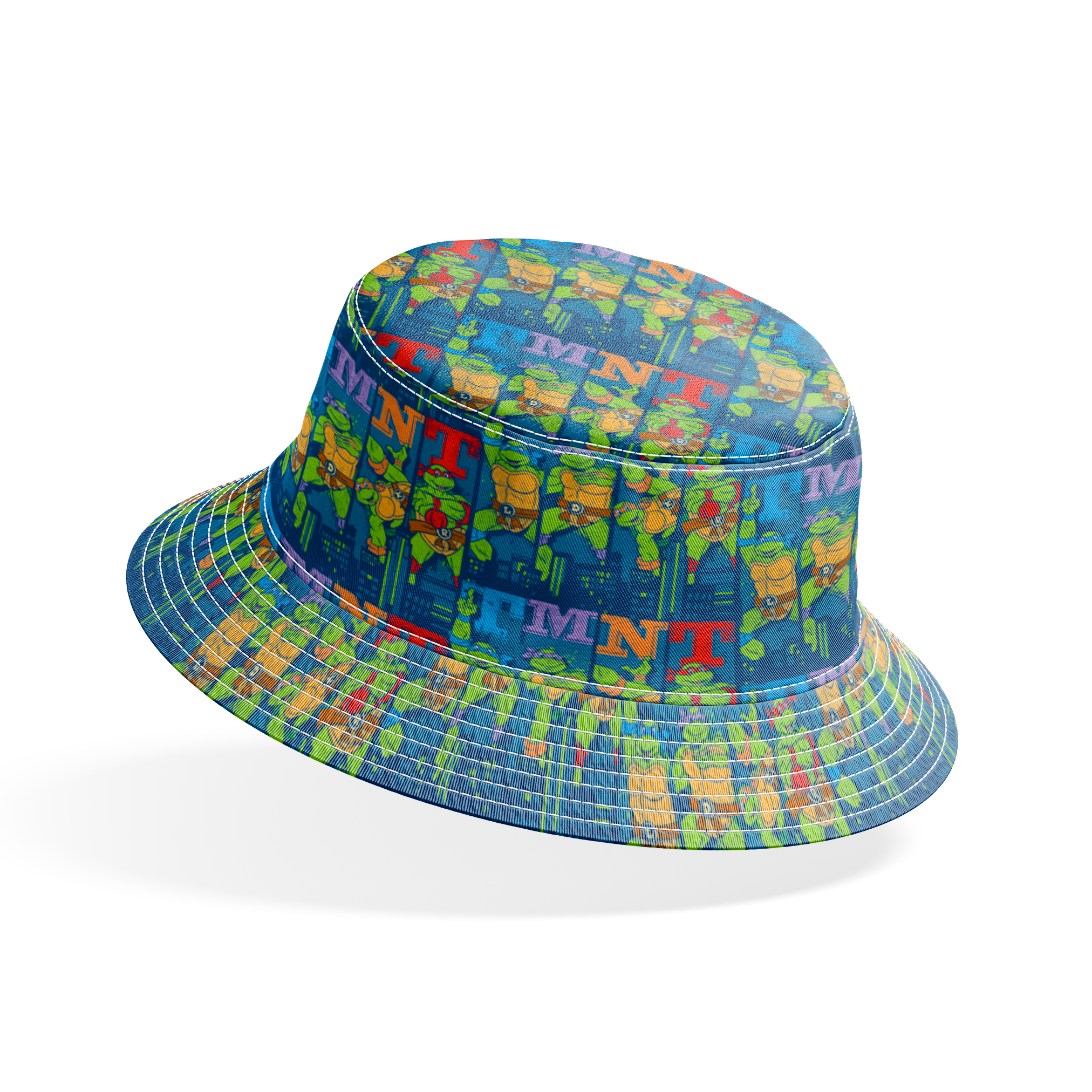 Colorful Teenage Mutant Ninja Turtles cartoon pattern with characters and "TMNT" text on blue cityscape background bucket hat mockup