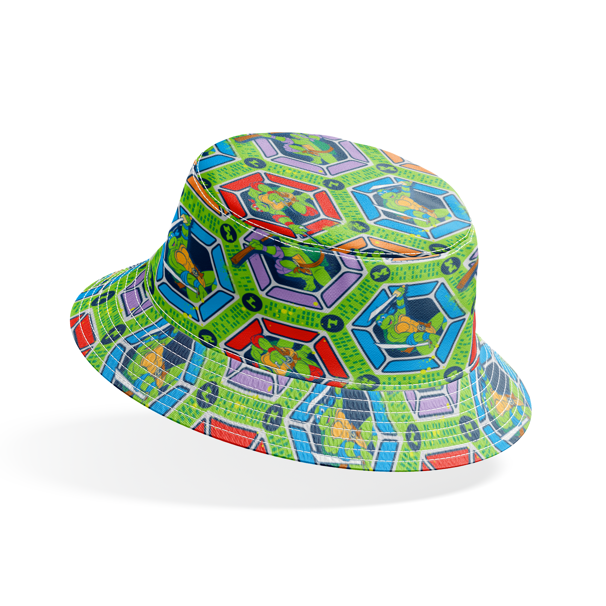 Colorful hexagonal pattern featuring the Teenage Mutant Ninja Turtles in action poses on green backgrounds with digital text elements bucket hat mockup