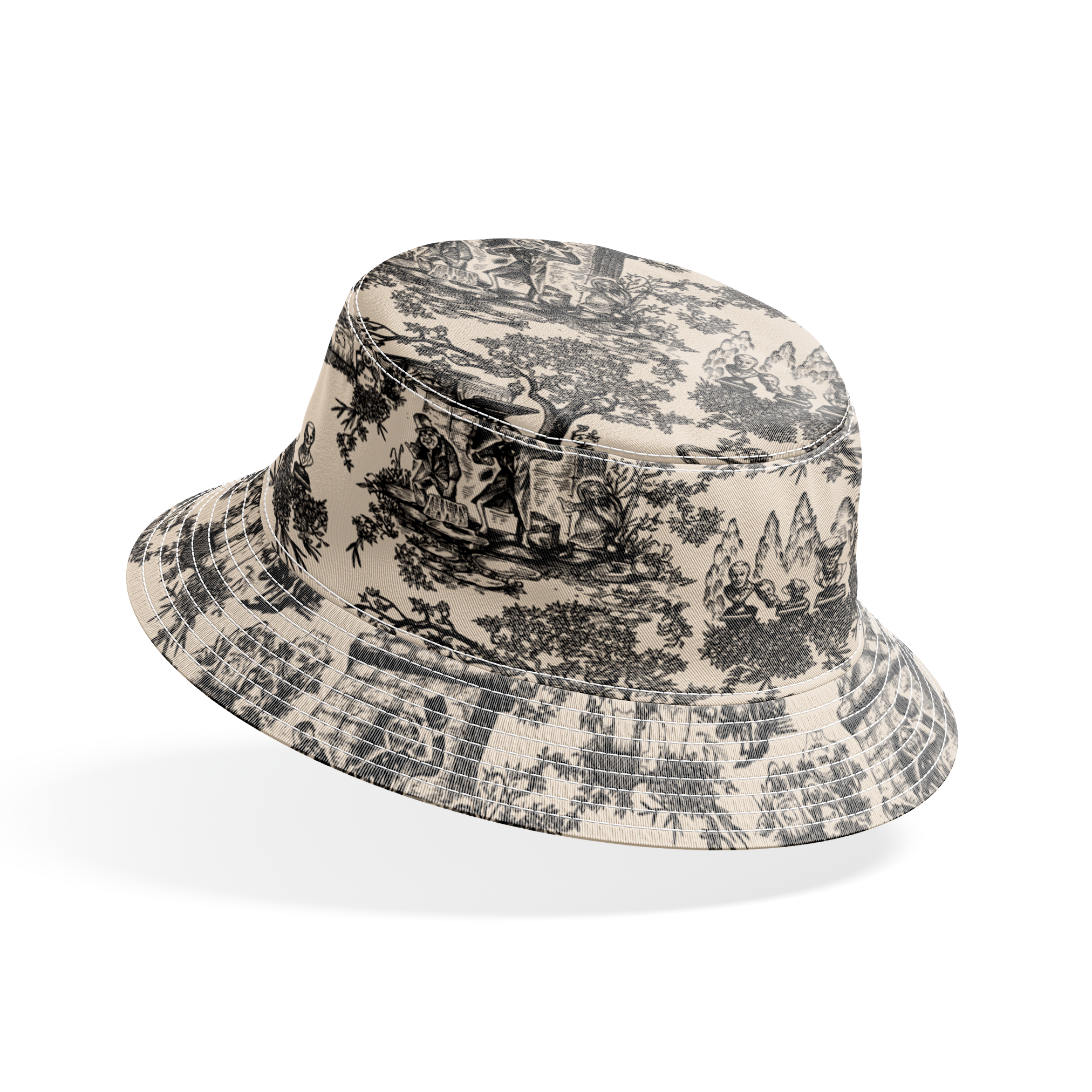 Black and white toile pattern with garden scenes, architectural elements, and decorative figures in a classical style bucket hat mockup
