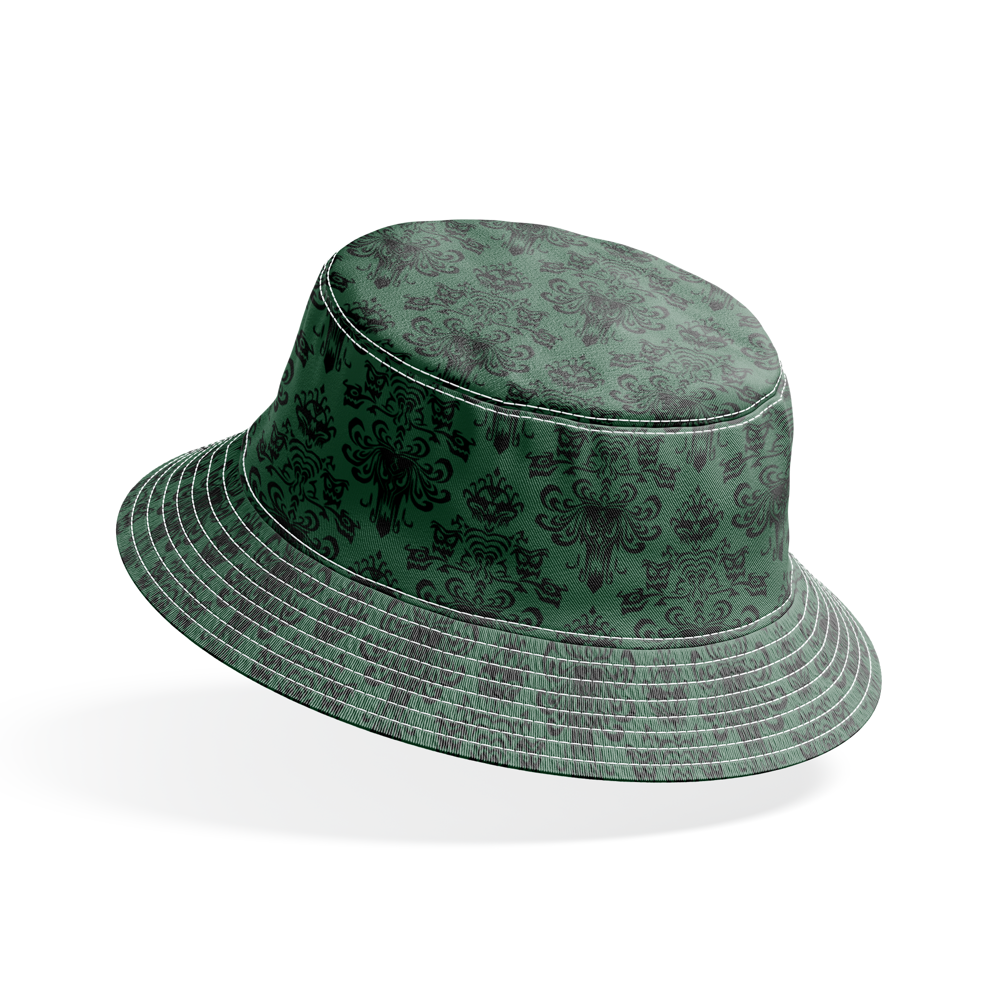 The image shows an elegant Victorian or Gothic-style damask pattern in black against a dark green background. The repeating ornate design features intricate scrollwork, flourishes, and symmetrical decorative elements arranged in a traditional wallpaper or textile pattern style. bucket hat mockup