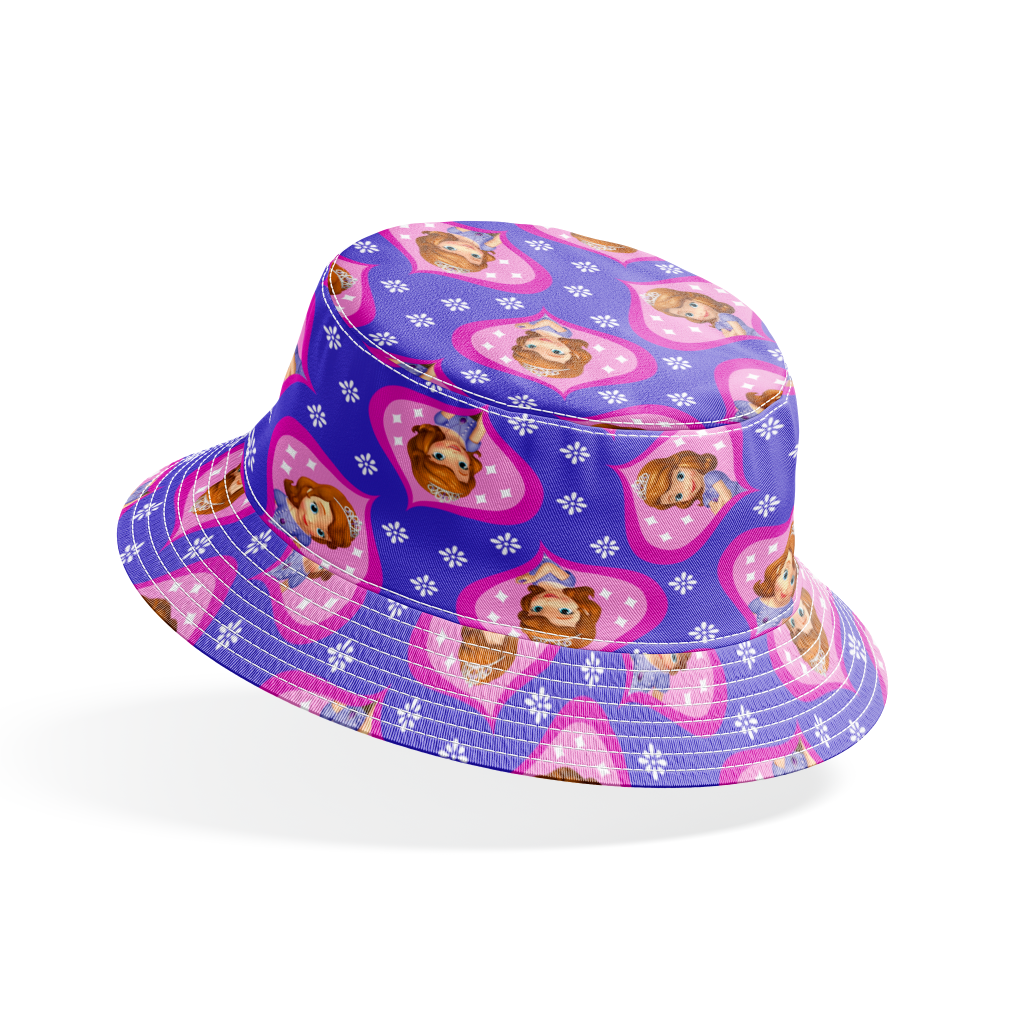 Sofia the First in pink frames pattern with white accents on purple background bucket hat mockup