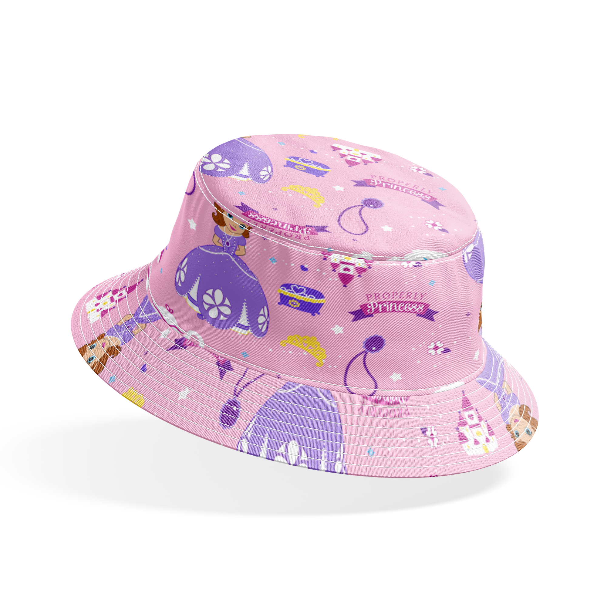 Princess-themed pattern with purple dresses, tiaras, teapots, and banners on pink background bucket hat mockup