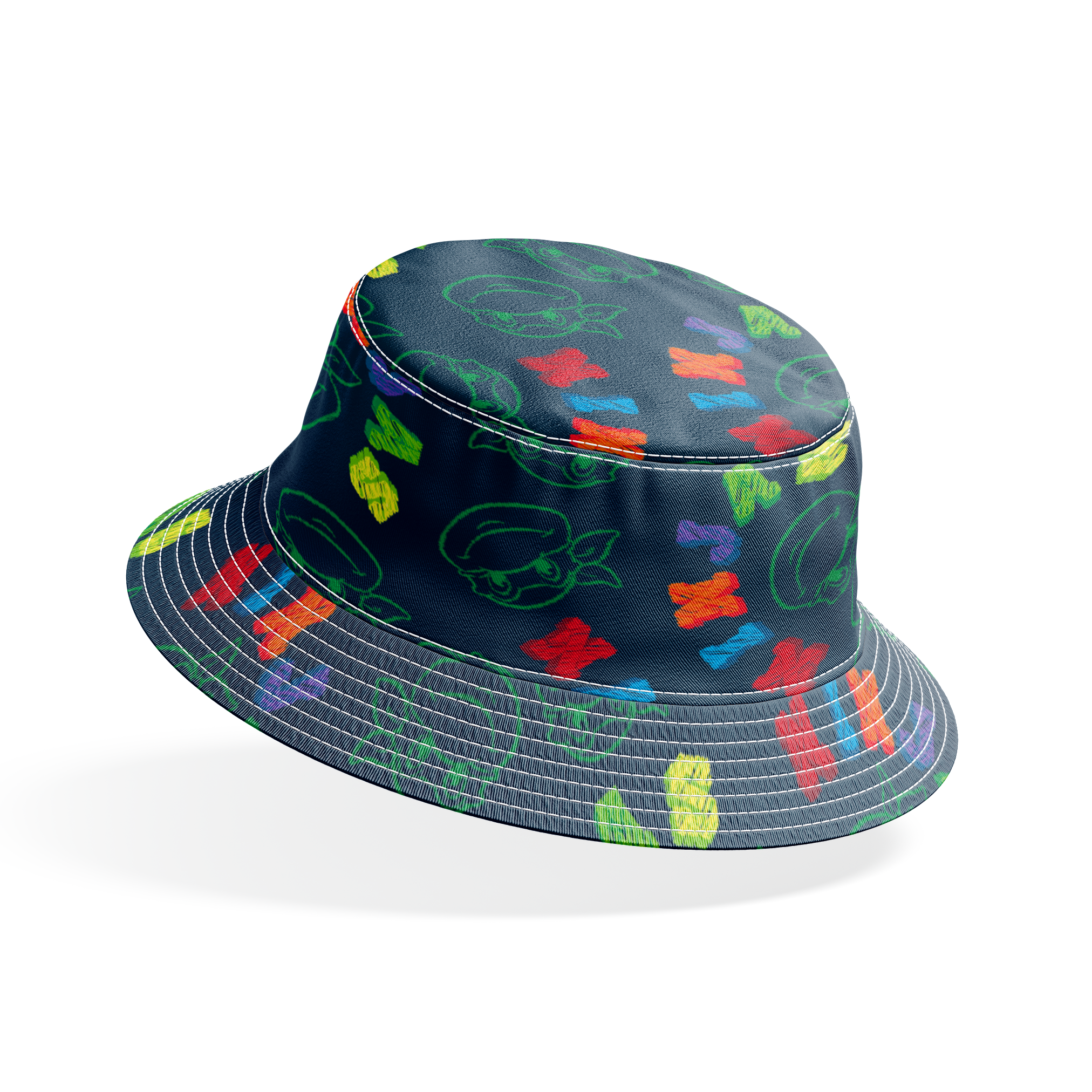 Colorful Ninja Turtles pattern with green outlines on dark blue background bucket hat mockup
