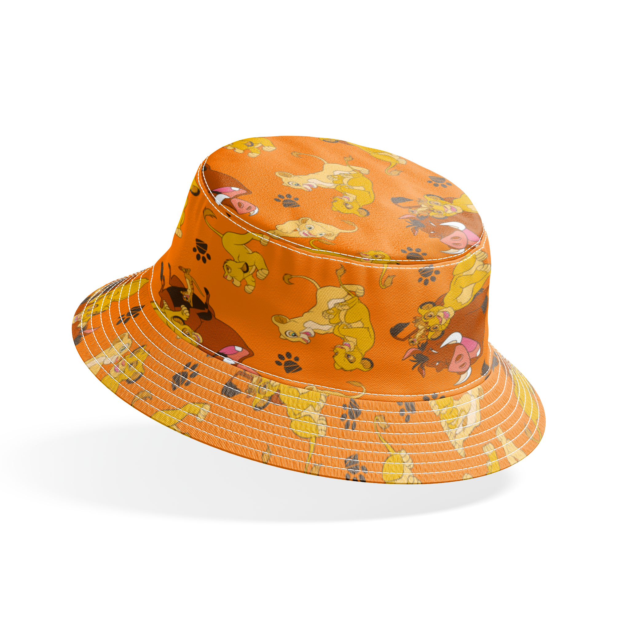 Playful pattern of cartoon cubs in yellow and brown poses on bright orange background with pawprints bucket hat mockup
