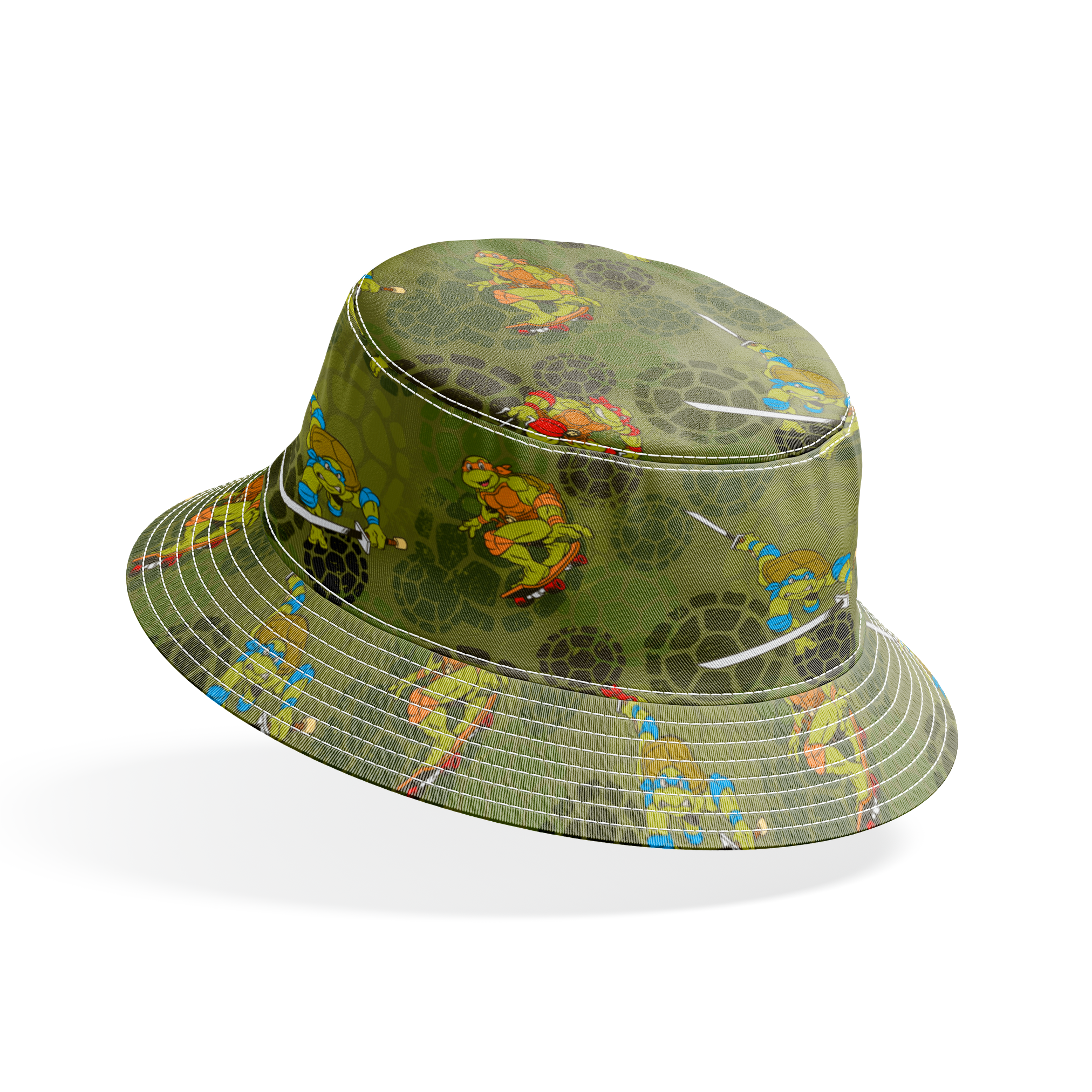 Teenage Mutant Ninja Turtles characters in action poses on green background with turtle shell patterns bucket hat mockup