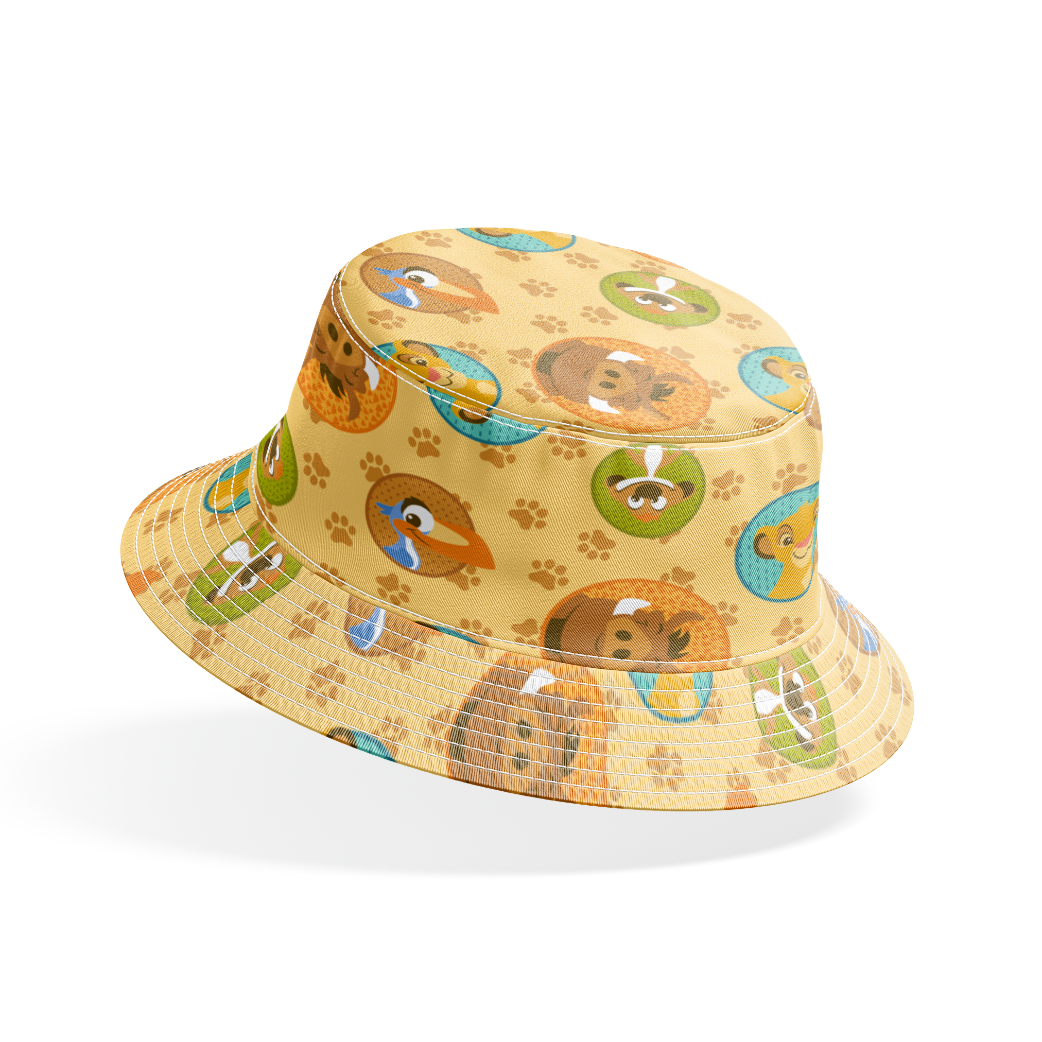 Cartoon animal faces in circular frames on beige background with paw prints - lion, monkey, dog, bird bucket hat mockup