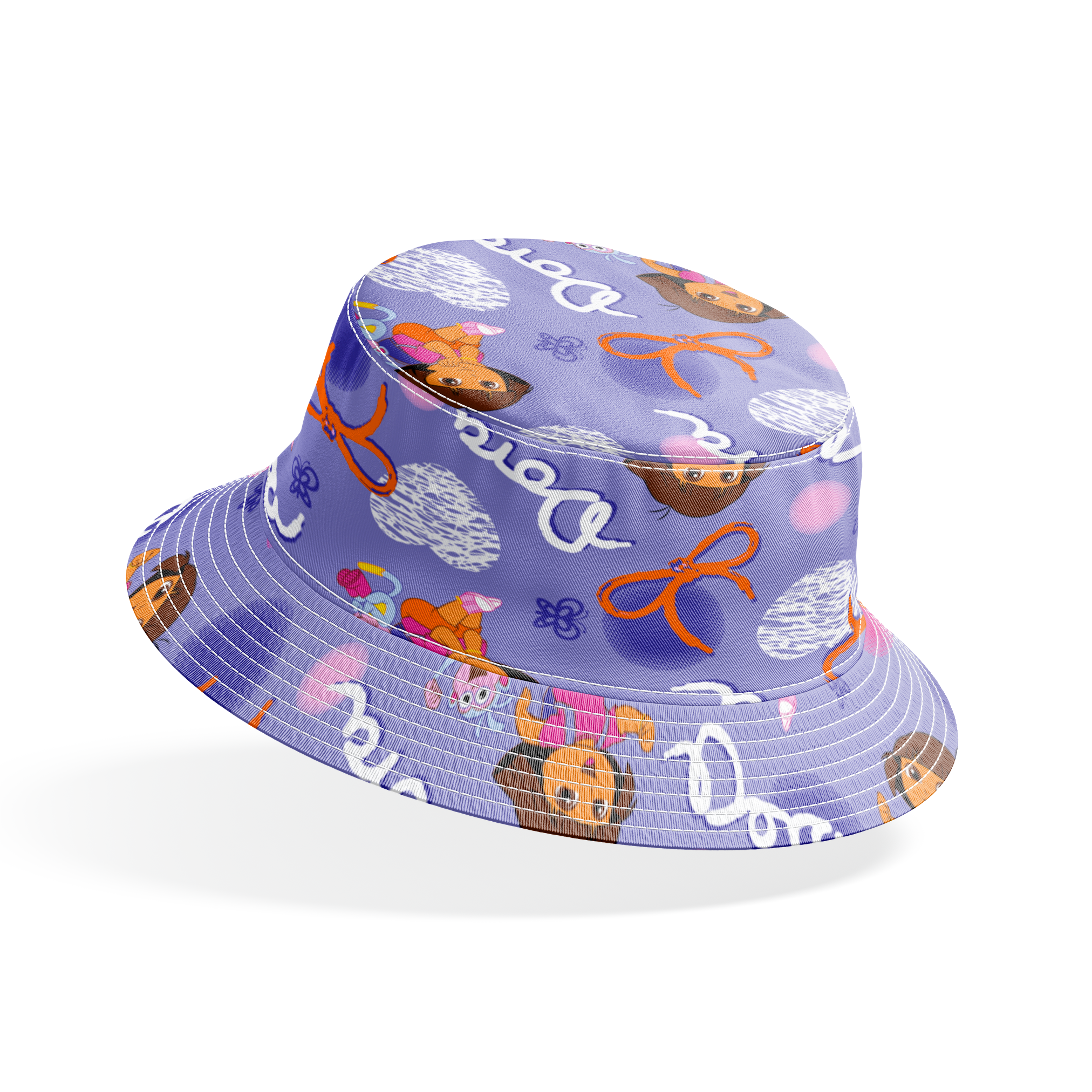 Cartoon pattern featuring Dora the Explorer, Boots the monkey, and other characters on purple background with bows and clouds. bucket hat mockup