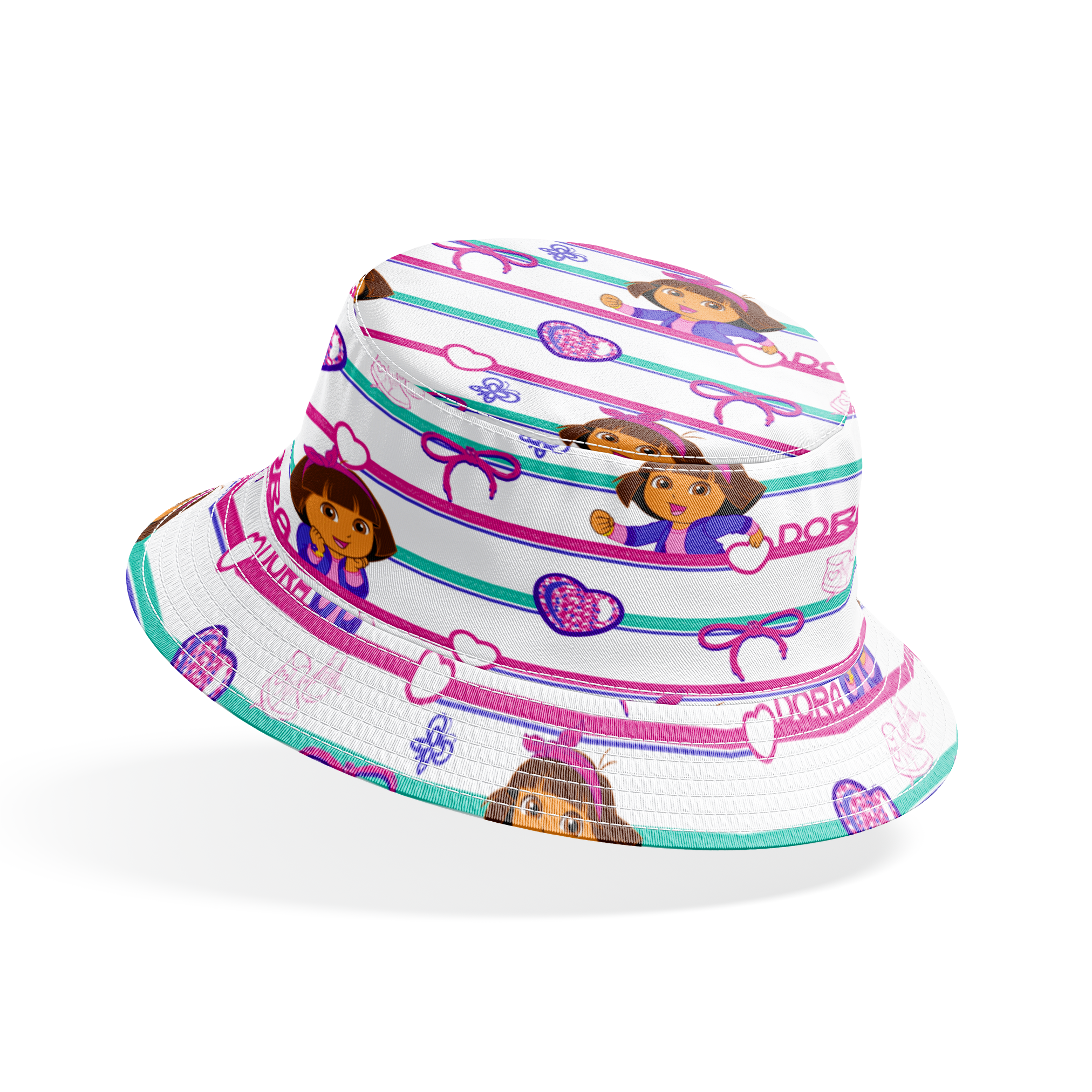 Colorful Dora the Explorer pattern with horizontal stripes featuring purple hearts, bows, butterflies, and "DORA" text on pink and green backgrounds bucket hat mockup