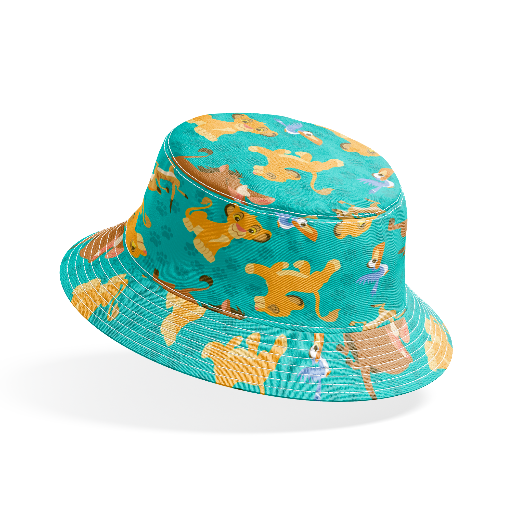 Cartoon Lion King characters pattern with Simba, Pumbaa and others on turquoise paw print background bucket hat mockup