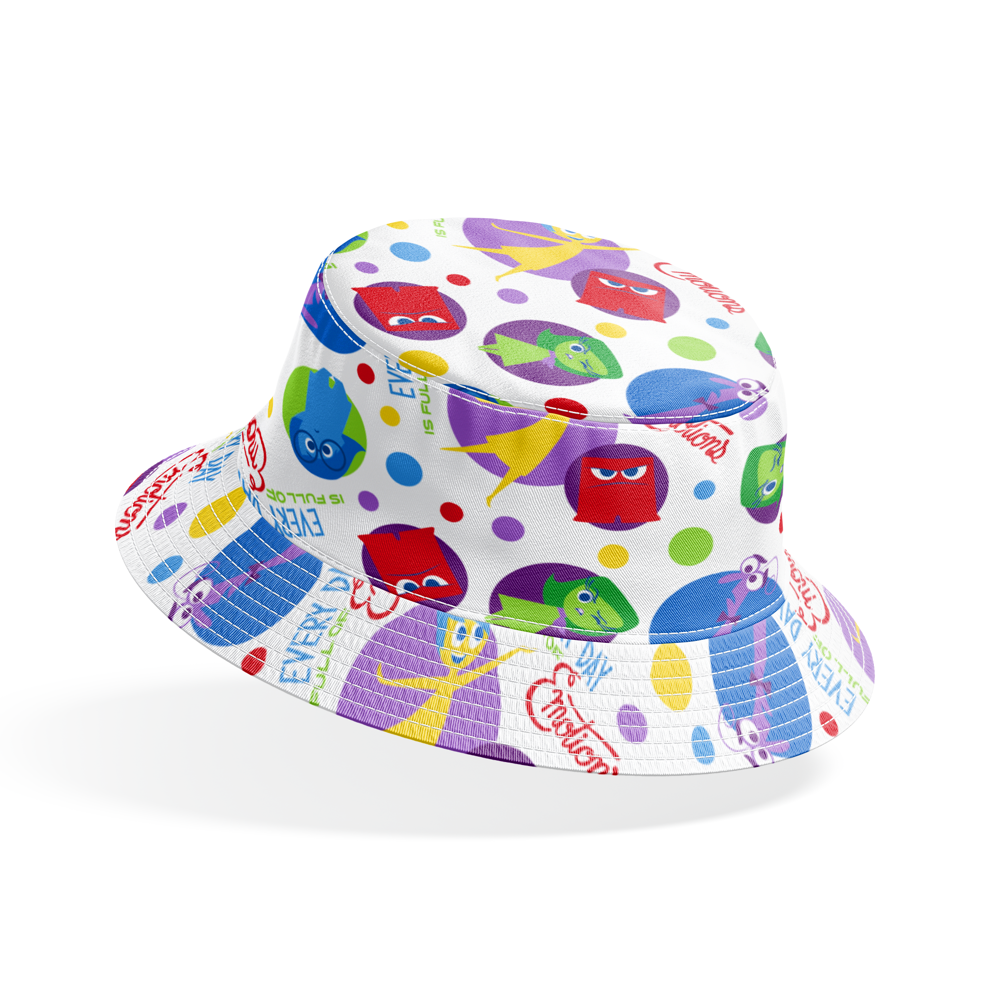 Colorful Inside Out characters in circles - Joy, Sadness, Fear, Disgust, and Anger on polka dot background bucket hat mockup