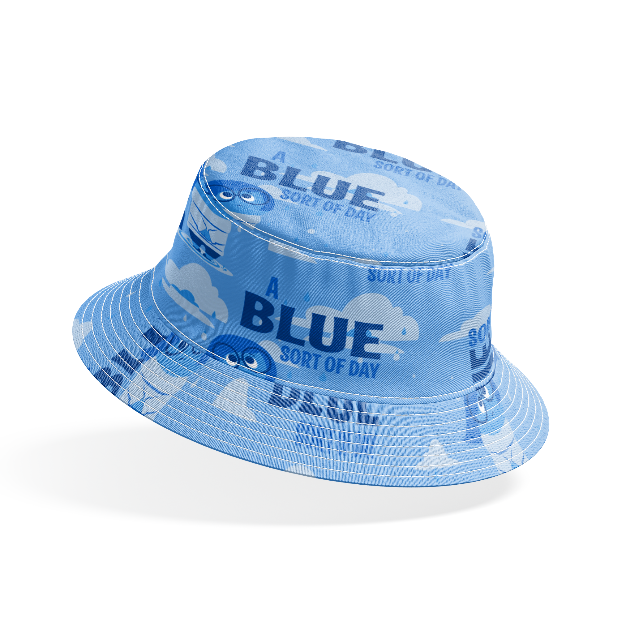 Sadness from Disney and Pixar's Inside Out pattern with "BLUE SORT OF DAY" text on light blue background with clouds bucket hat mockup