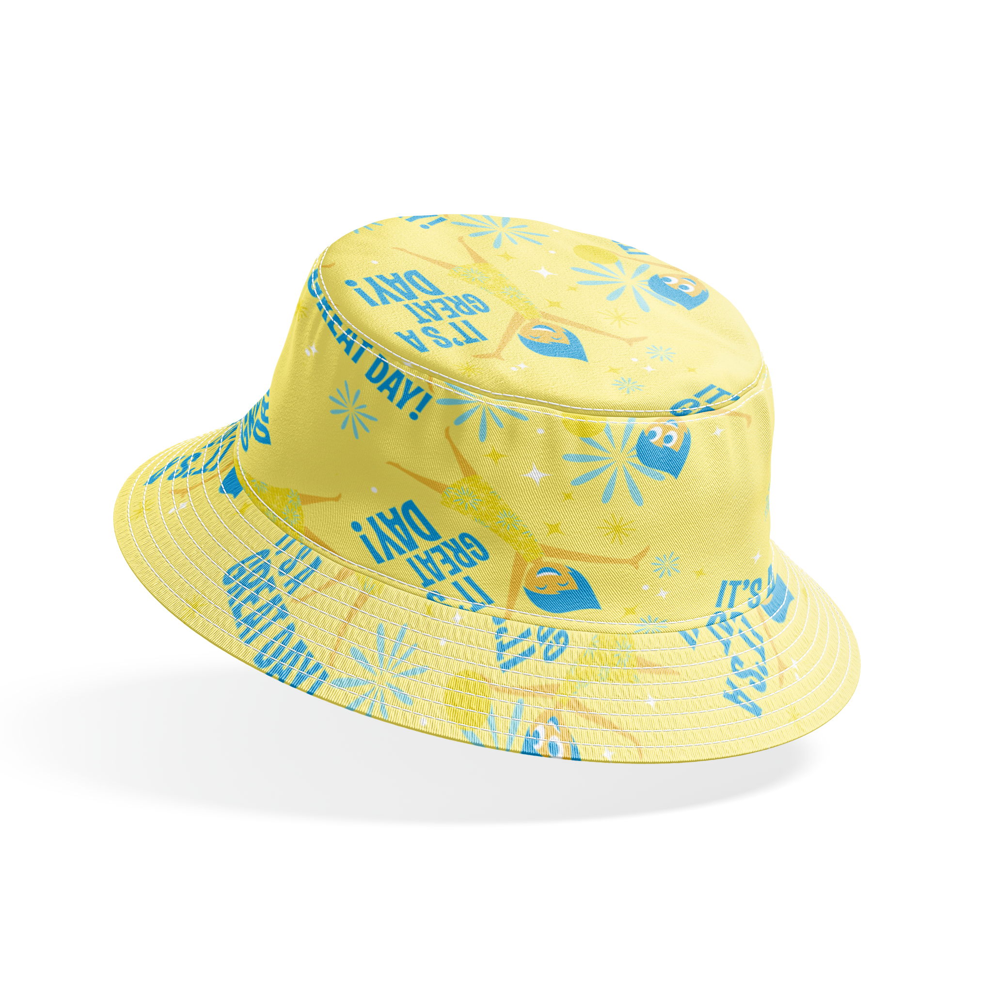 Cheerful Inside Out pattern with blue "IT'S A GREAT DAY!" text and decorative white accents bucket hat mockup