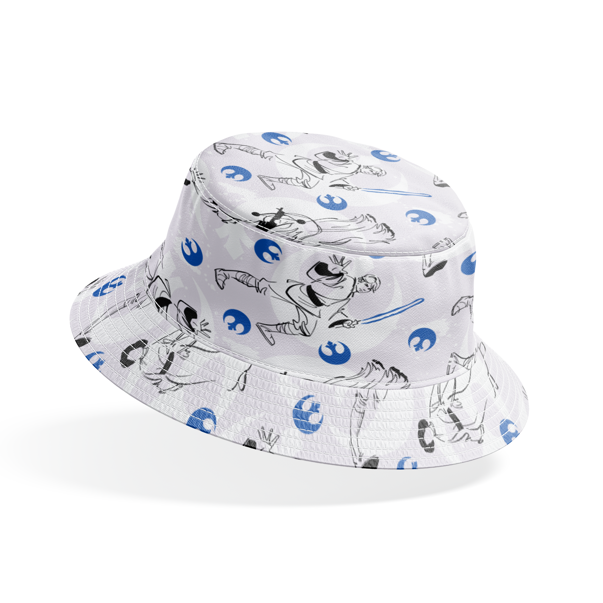 Star Wars characters with lightsabers pattern featuring Rebel Alliance logos on light background bucket hat mockup