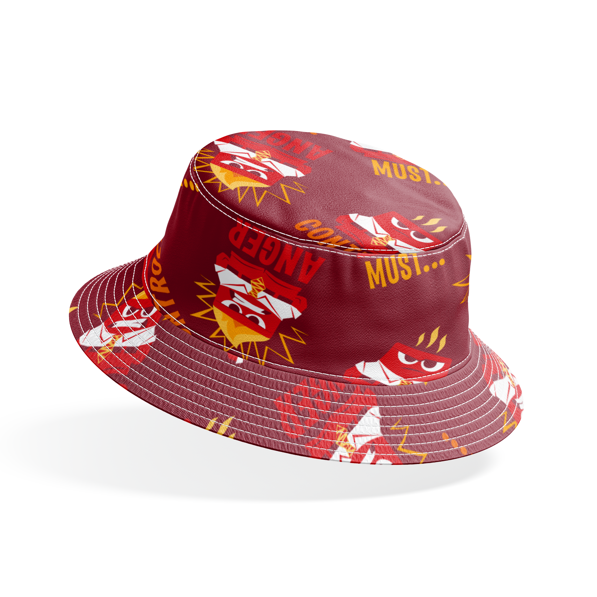 Red background pattern with Anger from Inside Out, explosions, and words "MUST... CONTROL... ANGER bucket hat mockup