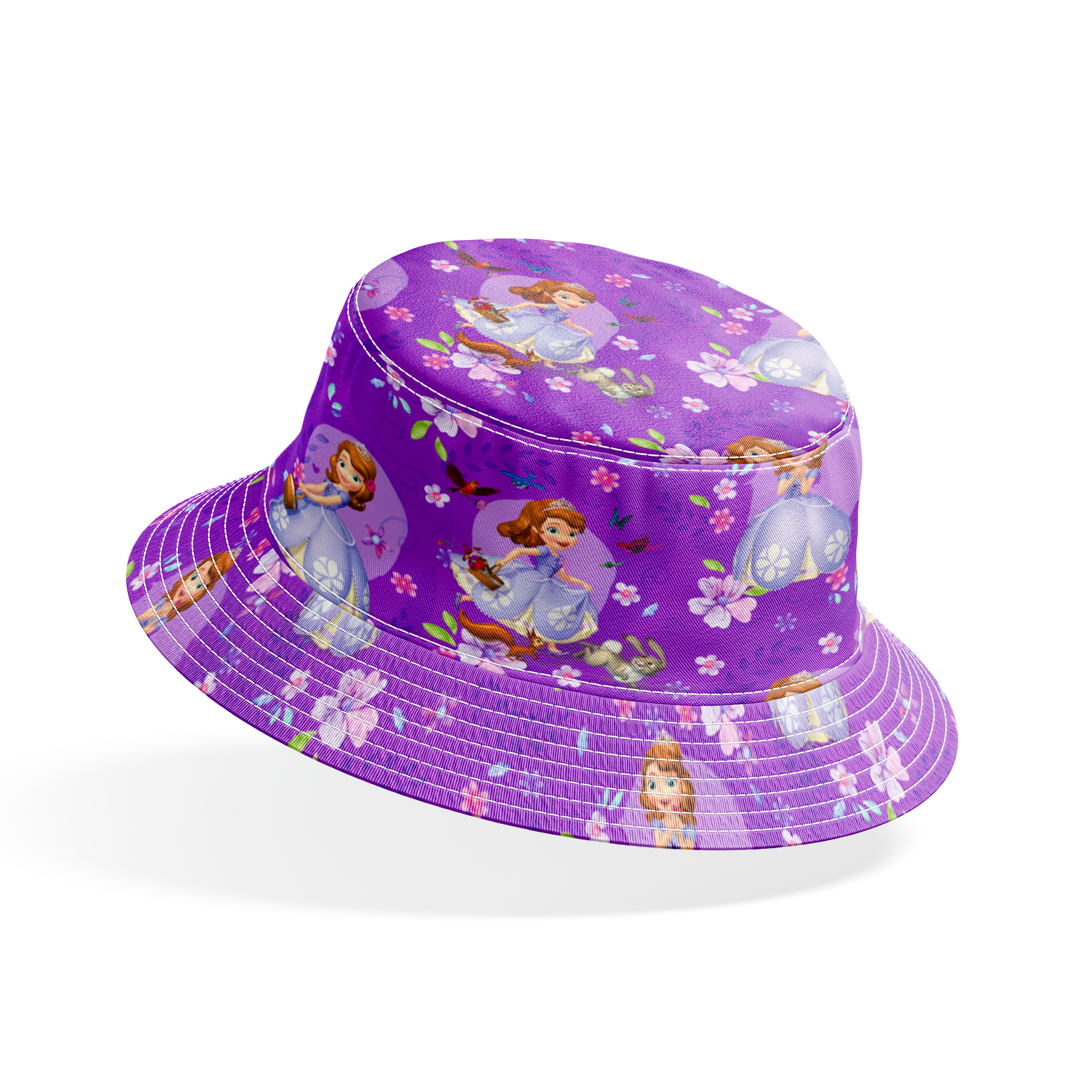 Purple background with repeating pattern of Sofia character in lavender dress surrounded by pink flowers and circular accents bucket hat mockup