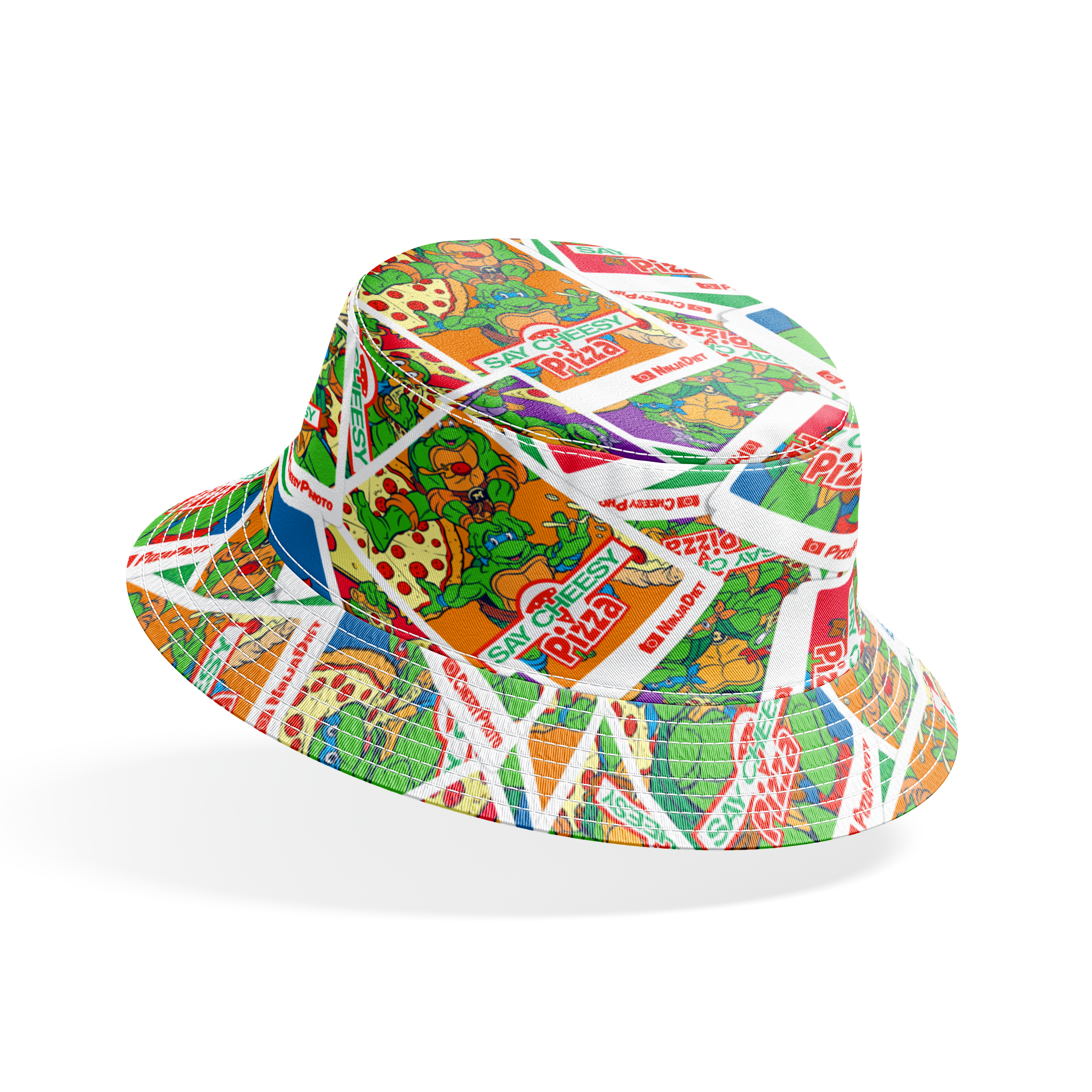 Scattered vintage Teenage Mutant Ninja Turtles trading cards with colorful comic-style artwork bucket hat mockup