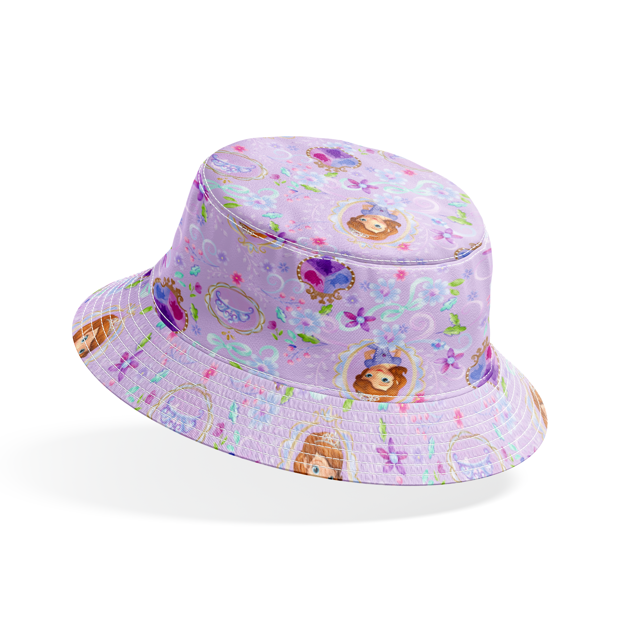 Princess Sofia pattern with purple flowers and swirls on lavender background bucket hat mockup
