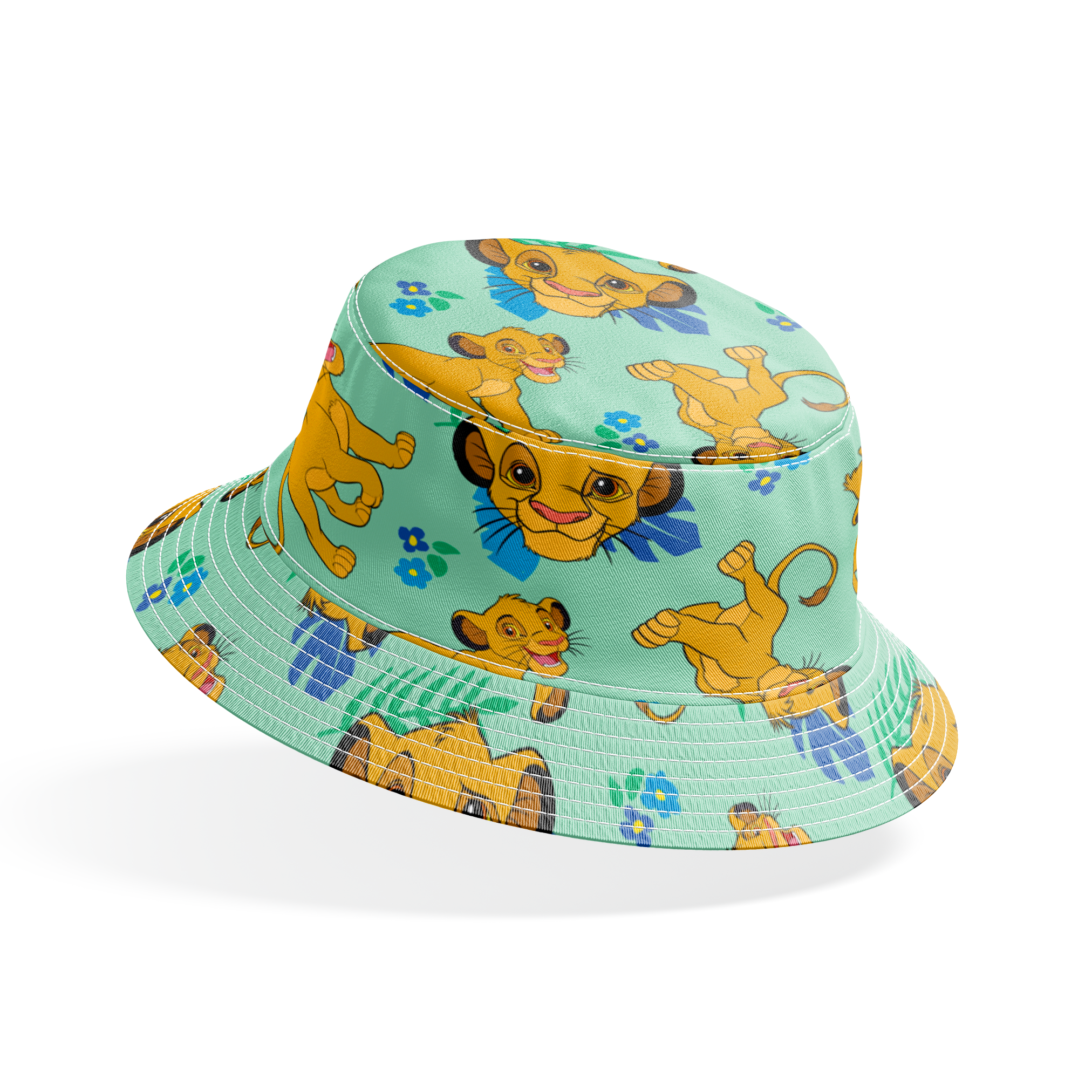 Cartoon lion cubs playing on mint green background with blue flowers and green leaves pattern bucket hat mockup