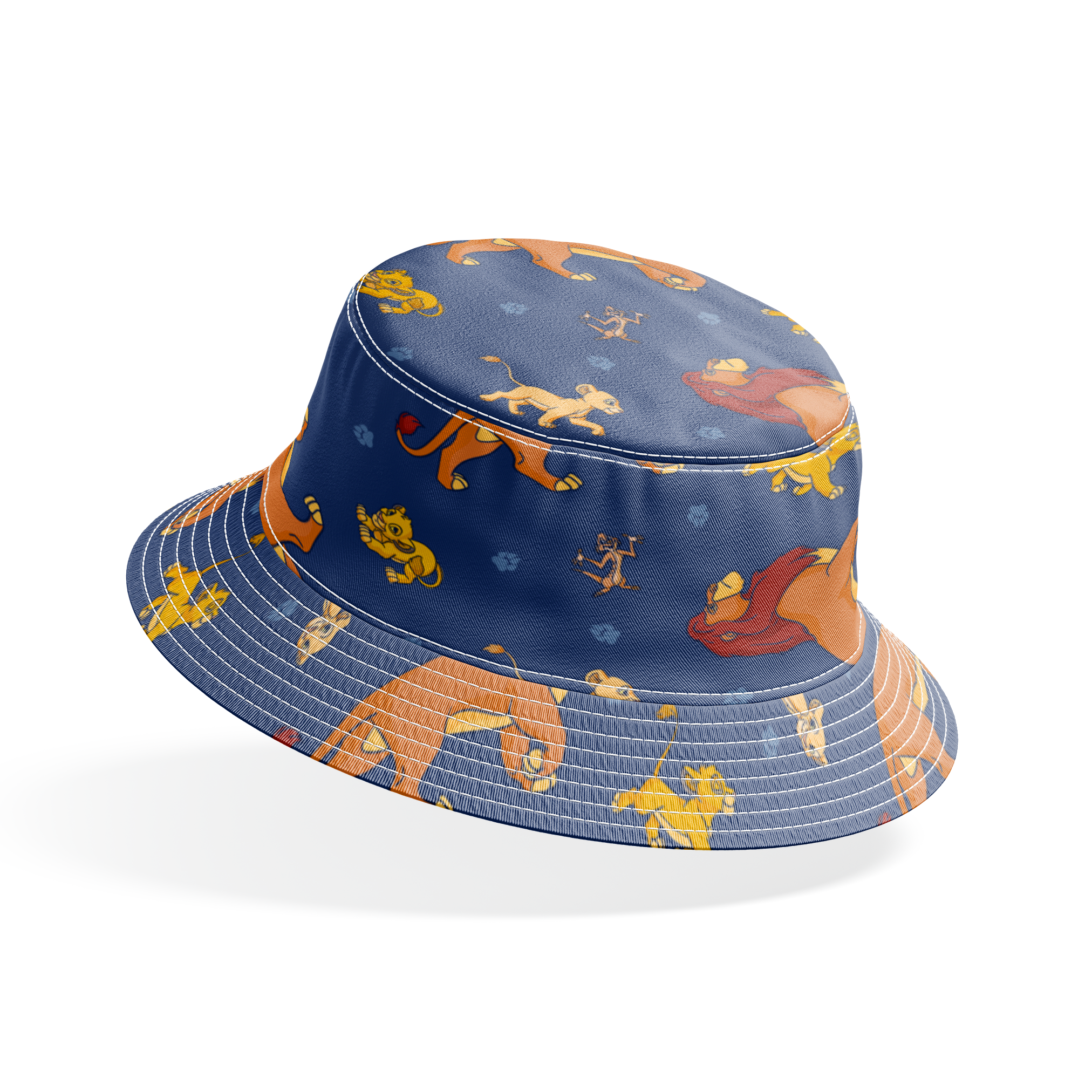 Colorful cartoon lions and characters from The Lion King scattered on dark blue background with paw prints bucket hat mockup