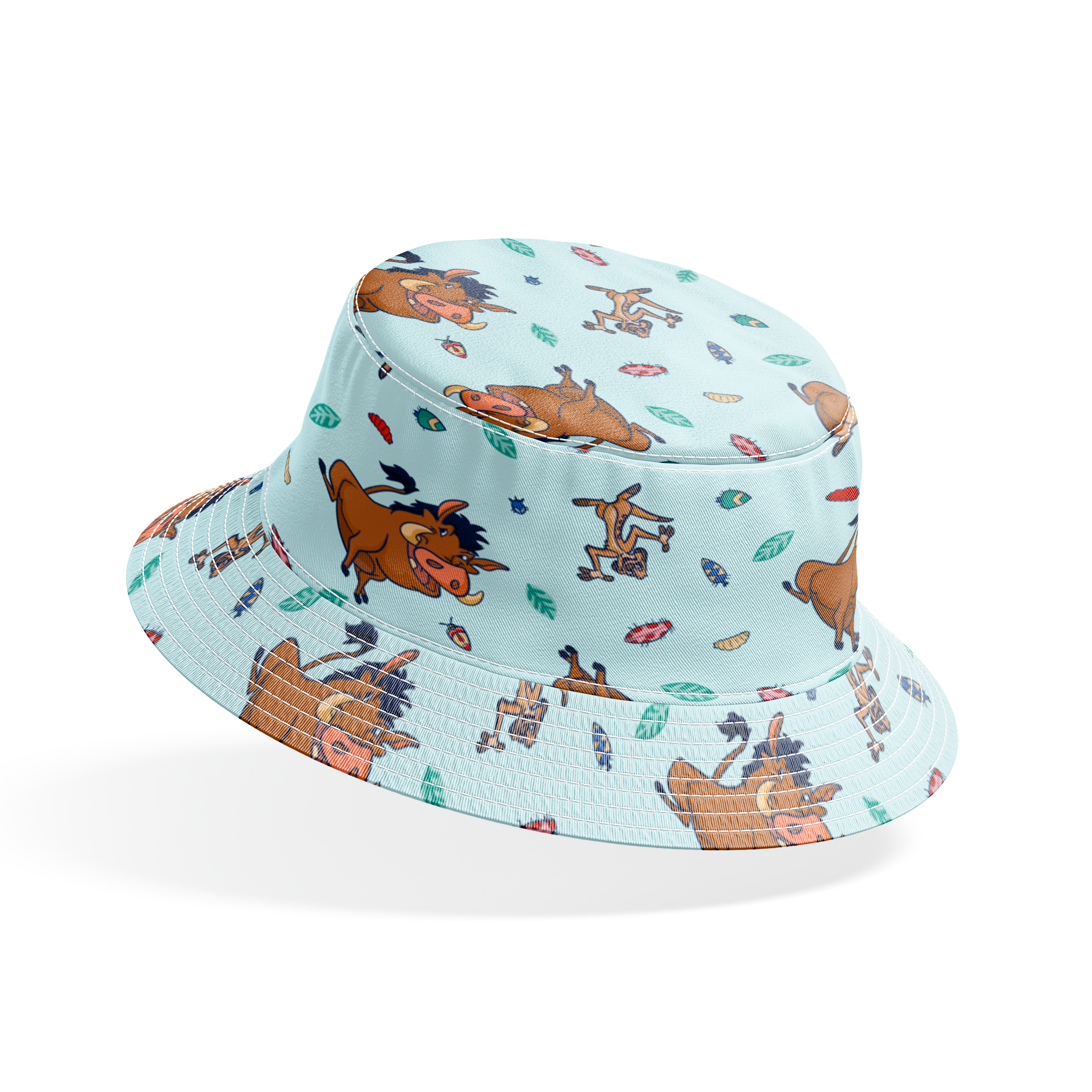 Lion King characters and colorful leaves scattered on light blue background in playful pattern bucket hat mockup