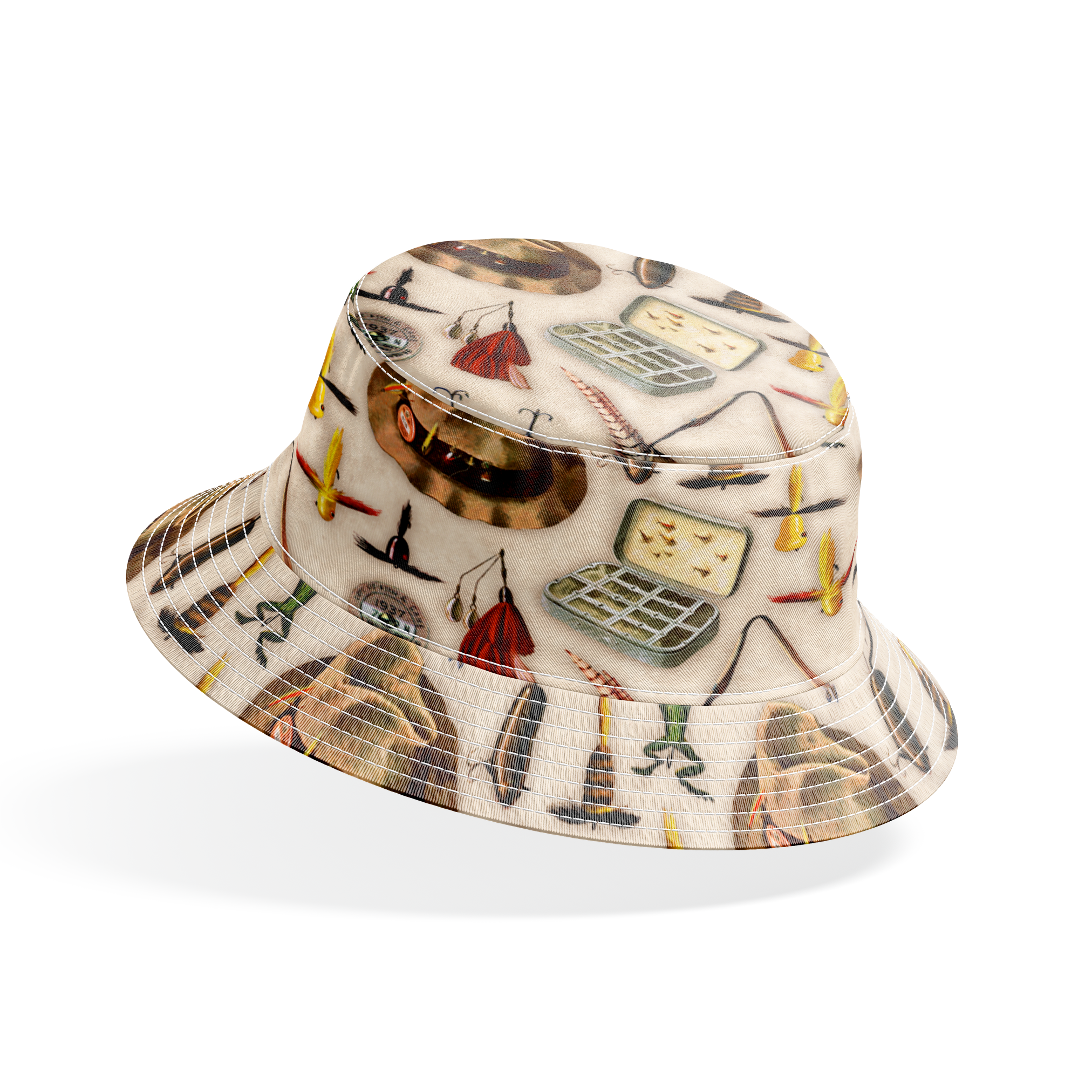 Vintage fishing gear illustration with tackle box, hat, lures, reels, and canvas bag on beige background bucket hat mockup