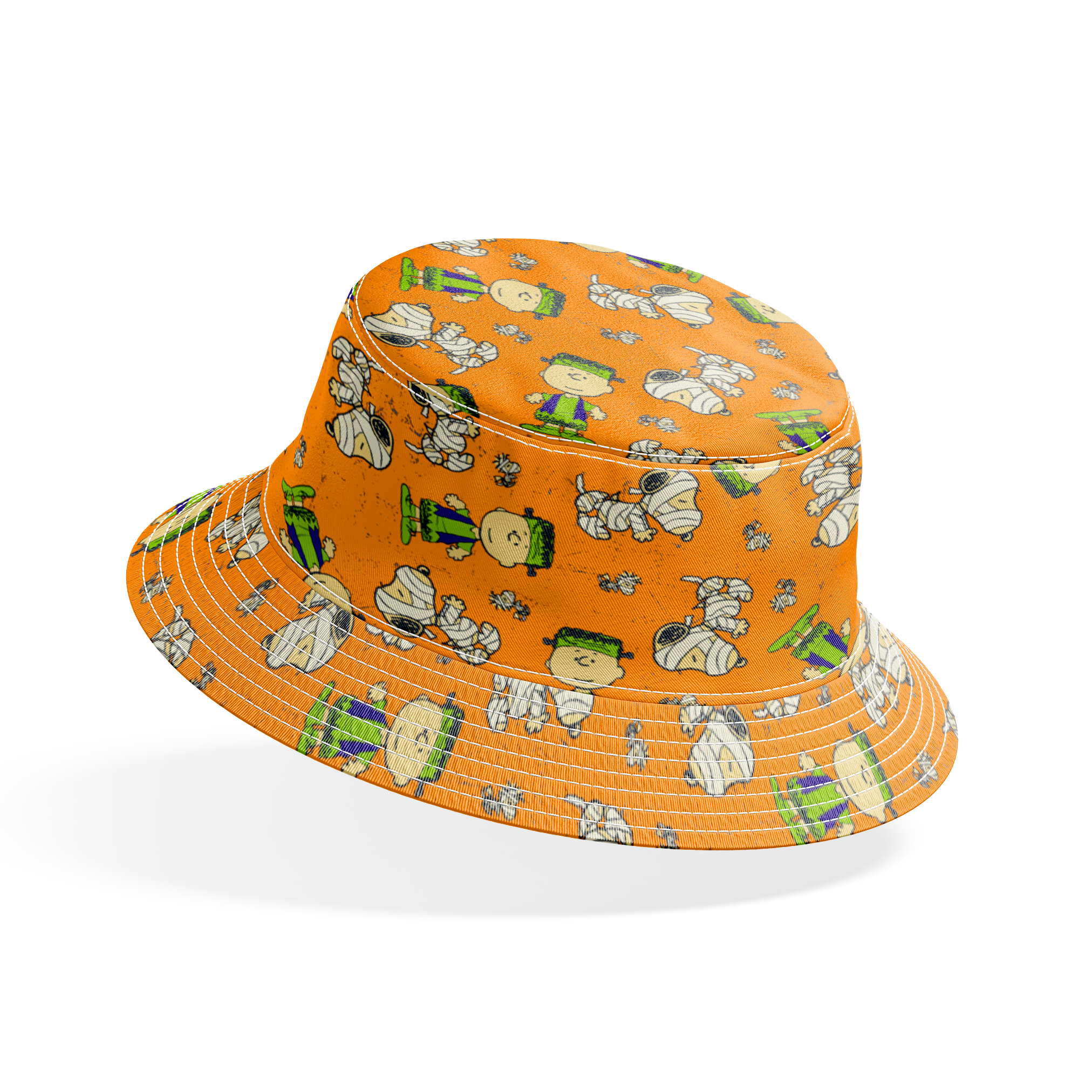 Peanuts characters pattern on orange background with Charlie Brown, Snoopy, and friends scattered throughout bucket hat mockup