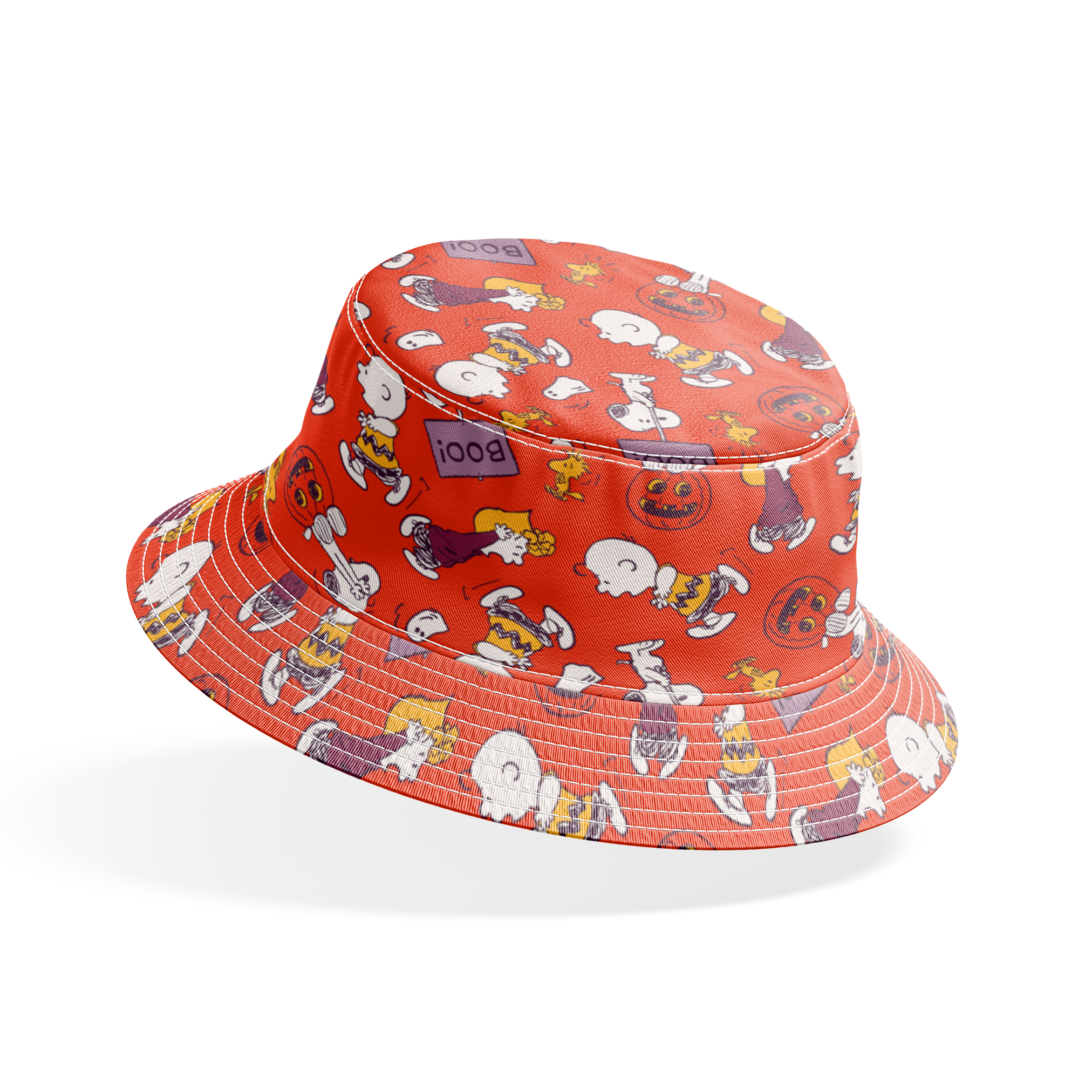 Snoopy and Woodstock Halloween pattern on orange background with pumpkins, ghosts, and "boo" text bucket hat mockup