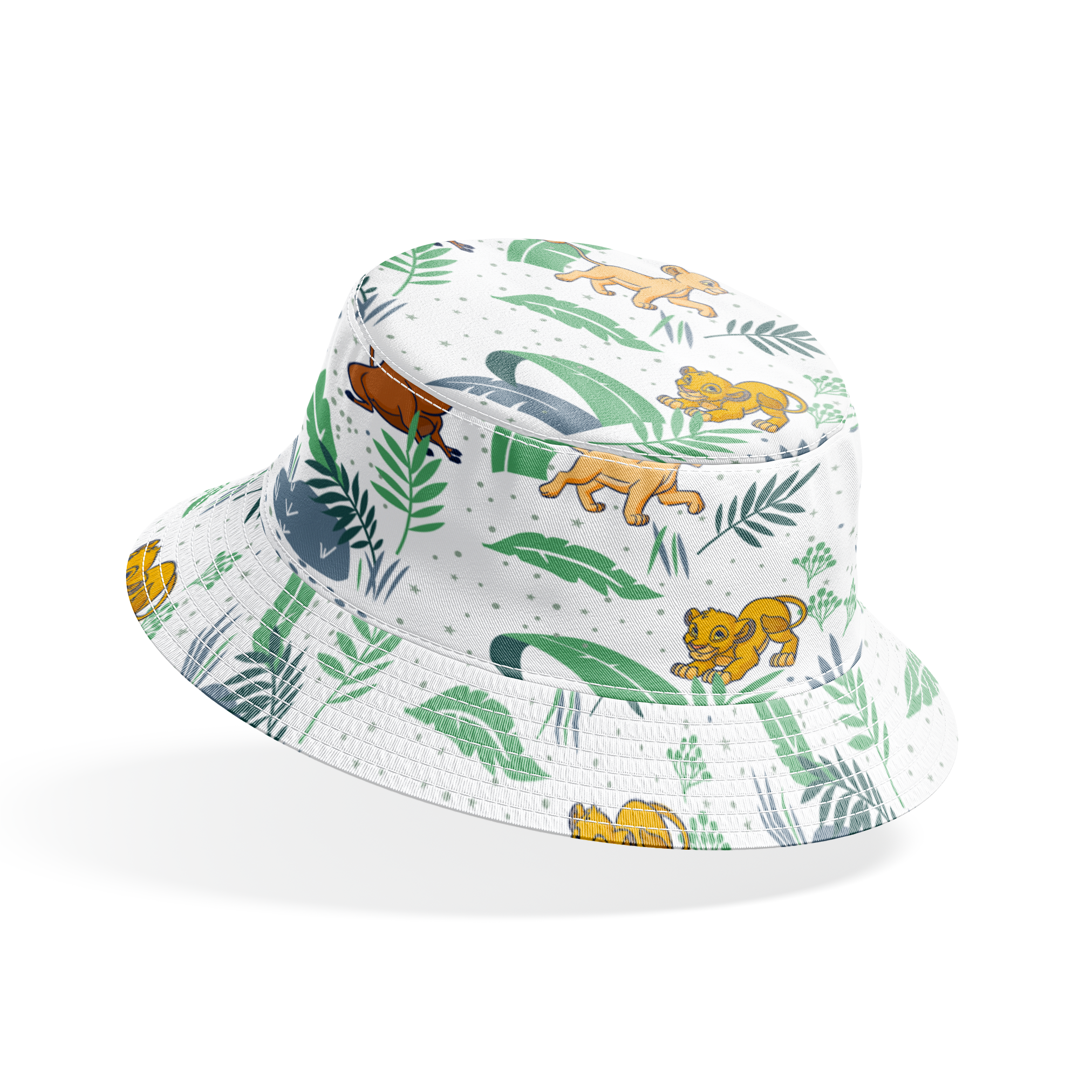 Cartoon lion cubs playing among tropical leaves and plants in green and blue tones on white background bucket hat mockup