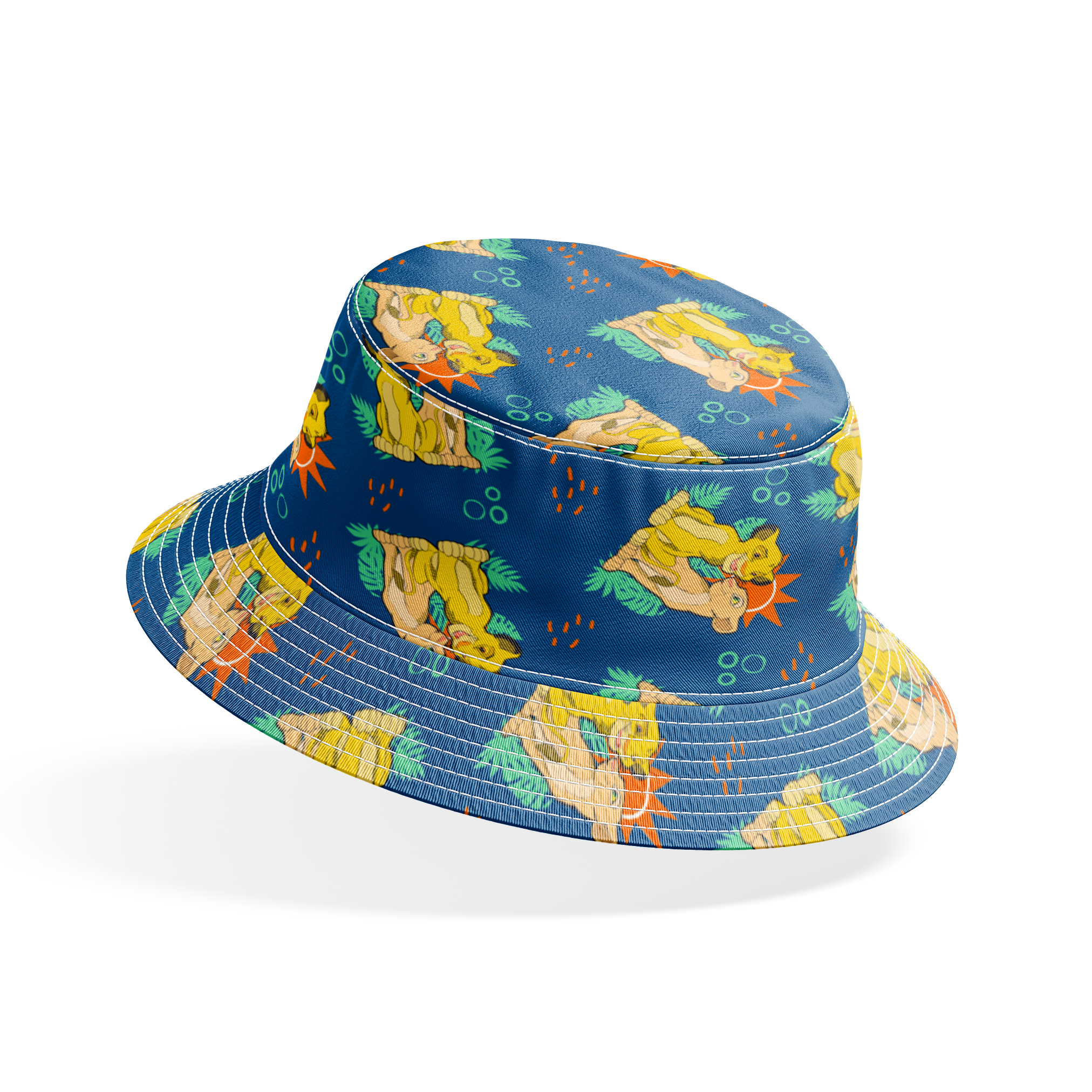 Yellow cartoon lions and pale yellow animals on teal background with tropical leaves, orange sun shapes and bubbles. bucket hat mockup
