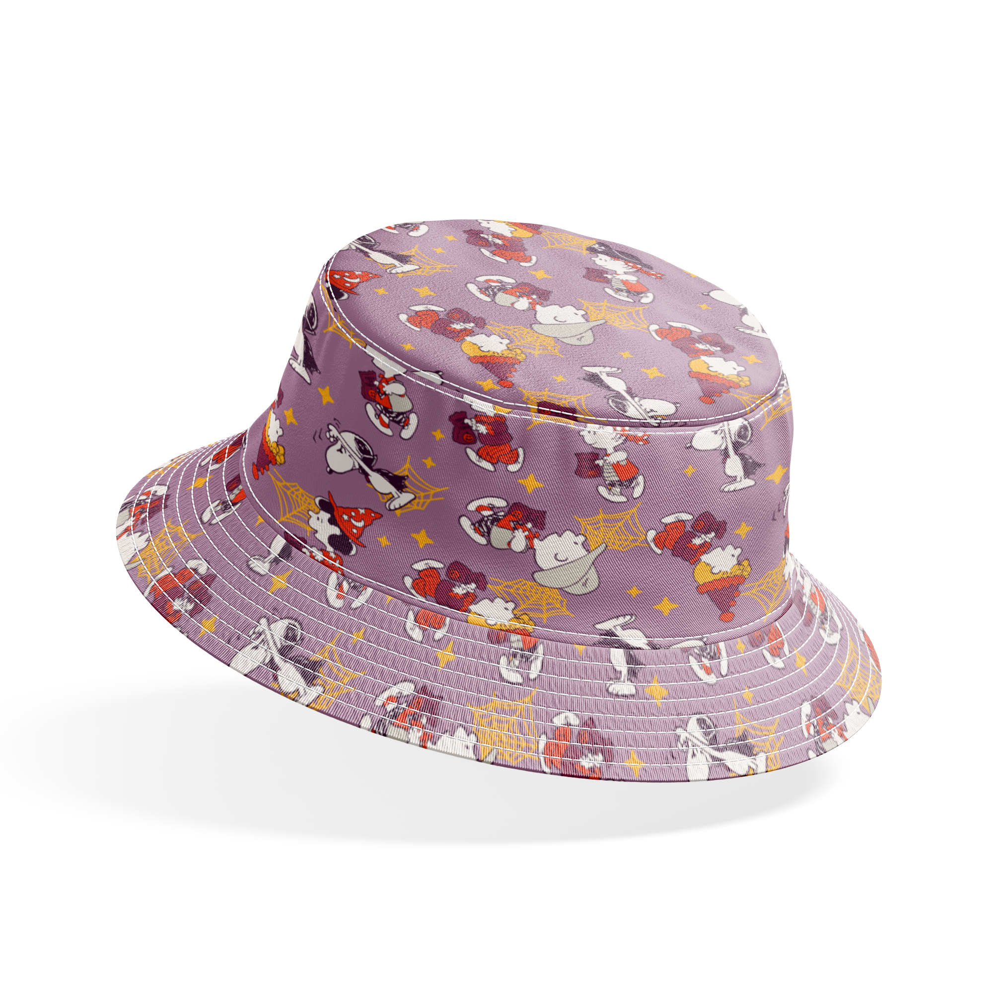 Snoopy and Peanuts characters in fall outfits with pumpkins and stars on purple background bucket hat mockup