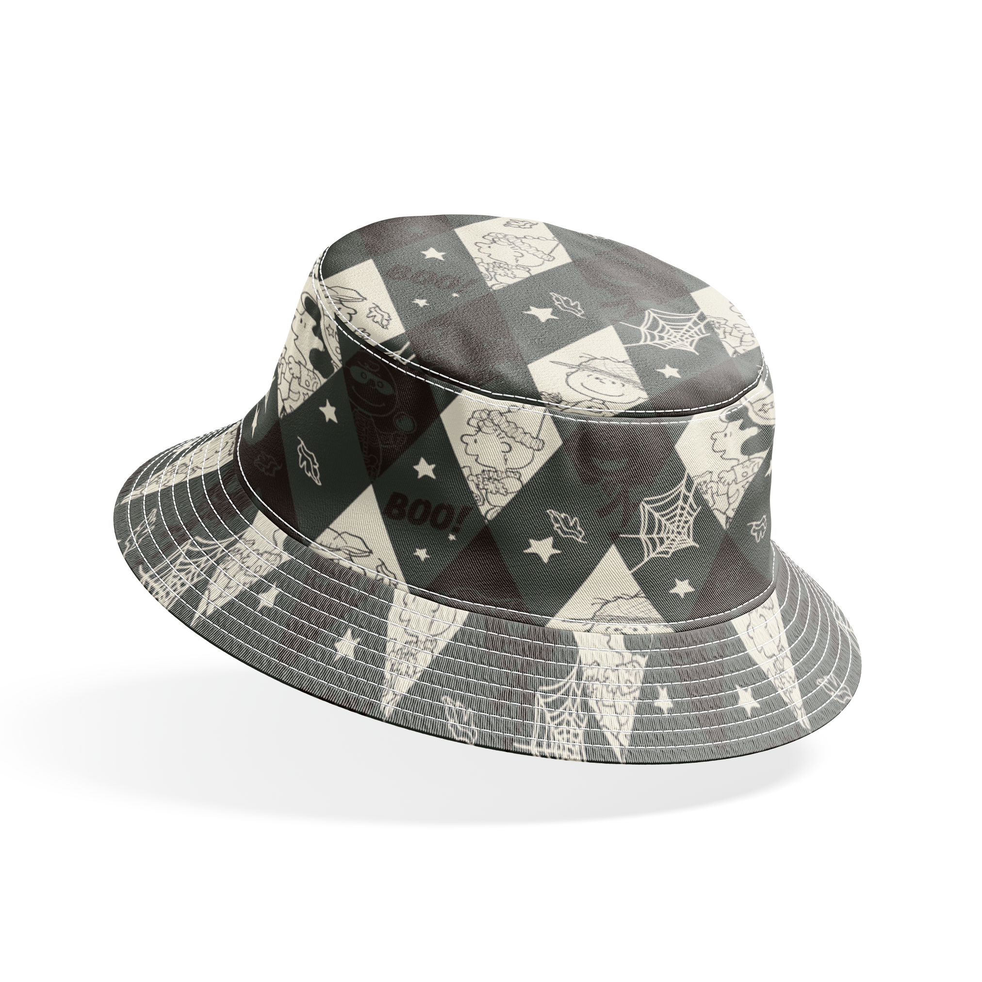 Diamond pattern with Peanuts characters and Halloween motifs in black and cream, featuring spider webs, stars, and "BOO!" text. bucket hat mockup