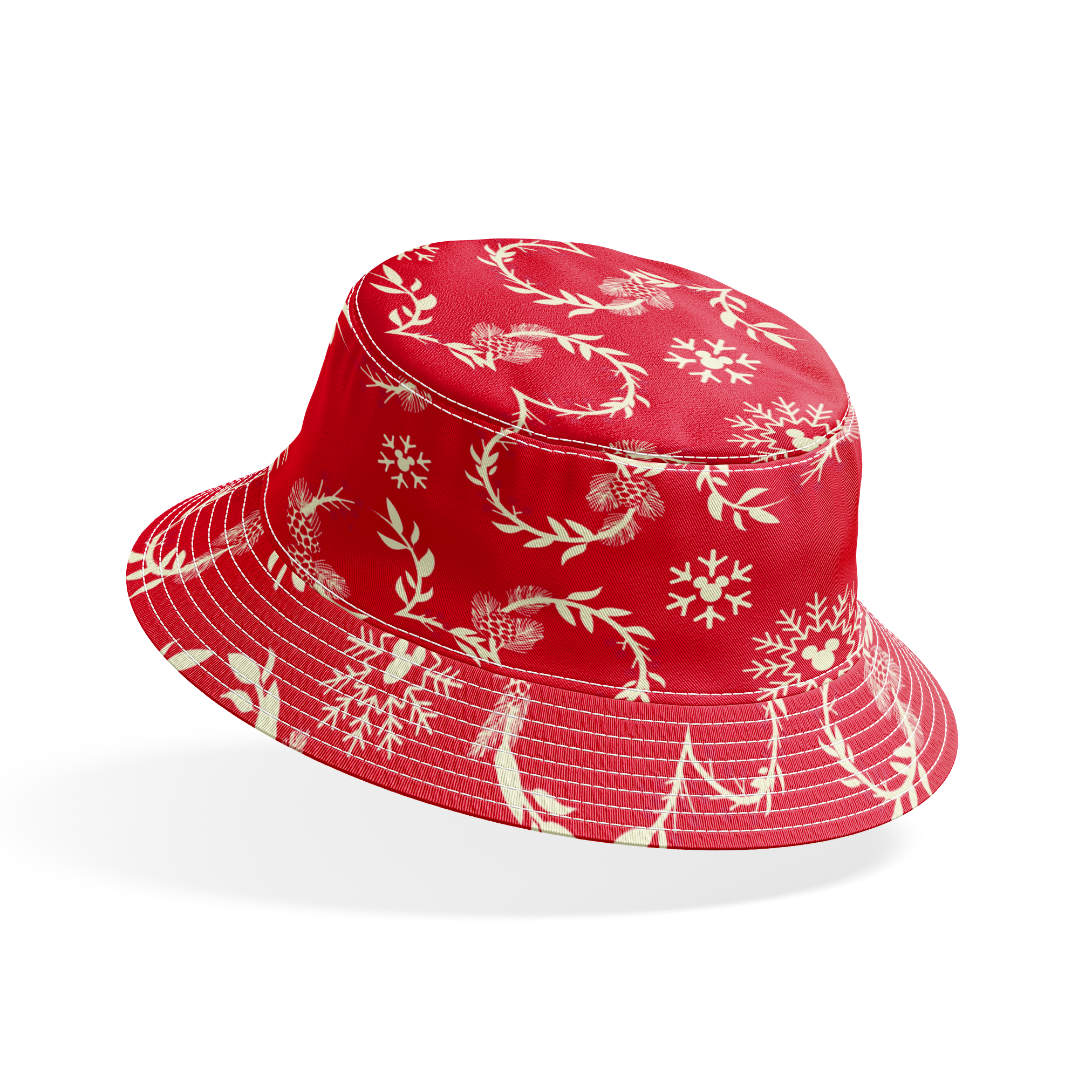 Festive red background with white floral wreaths, pine cones, and snowflake patterns bucket hat mockup