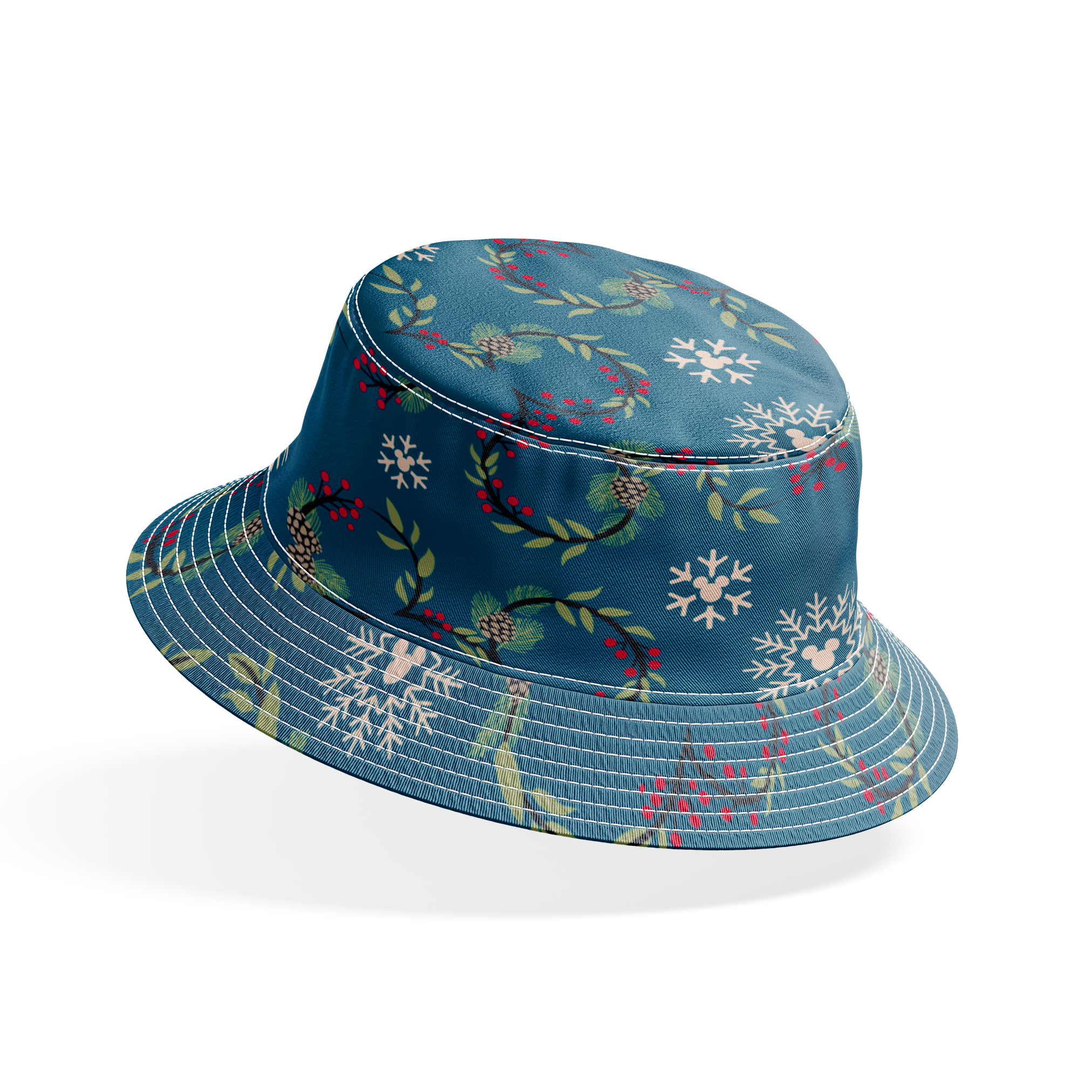 Holiday pattern with circular wreaths, white snowflakes, and botanical elements on teal background bucket hat mockup