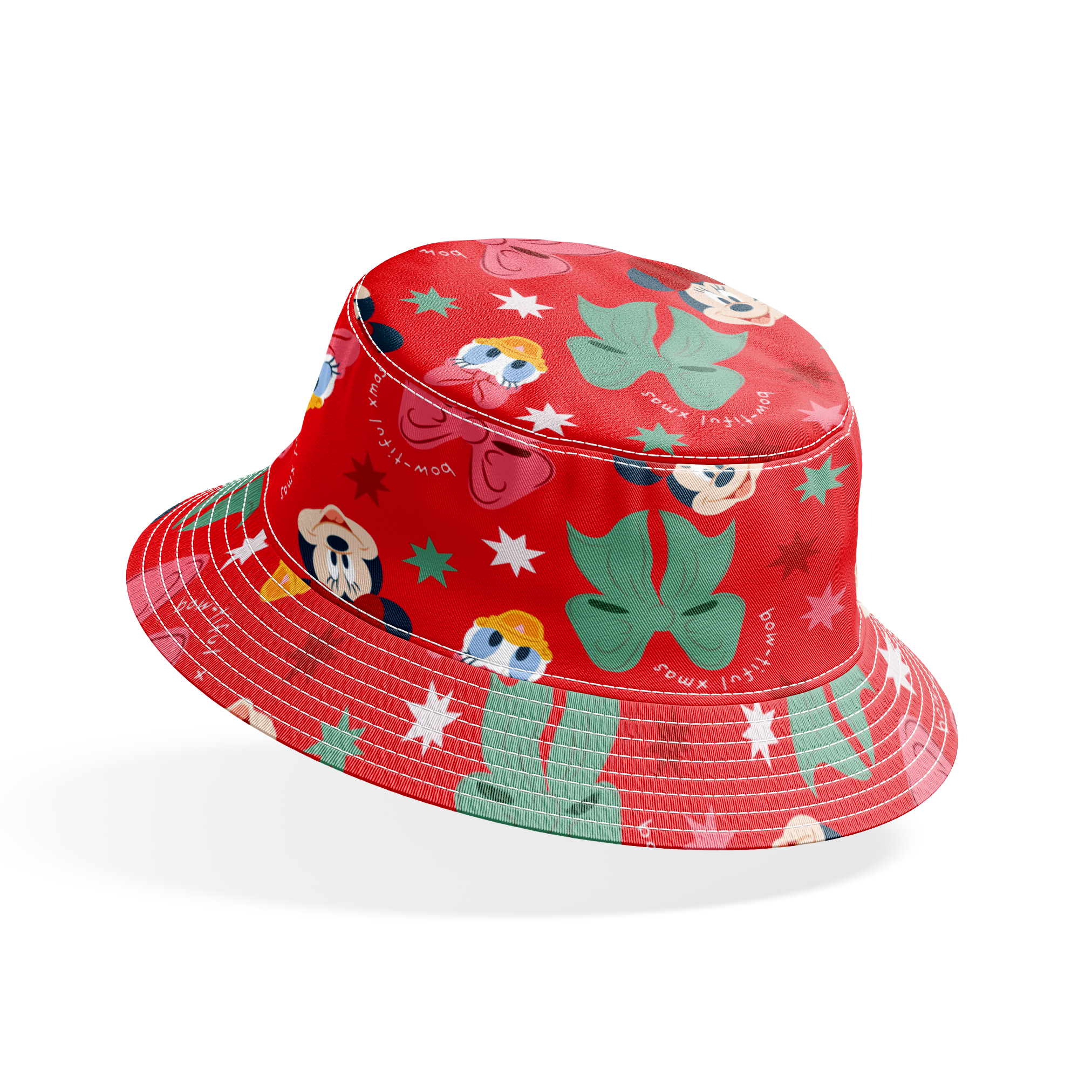 Disney character pattern with Minnie Mouse, Mickey Mouse and Donald Duck on red background with bows and stars bucket hat mockup
