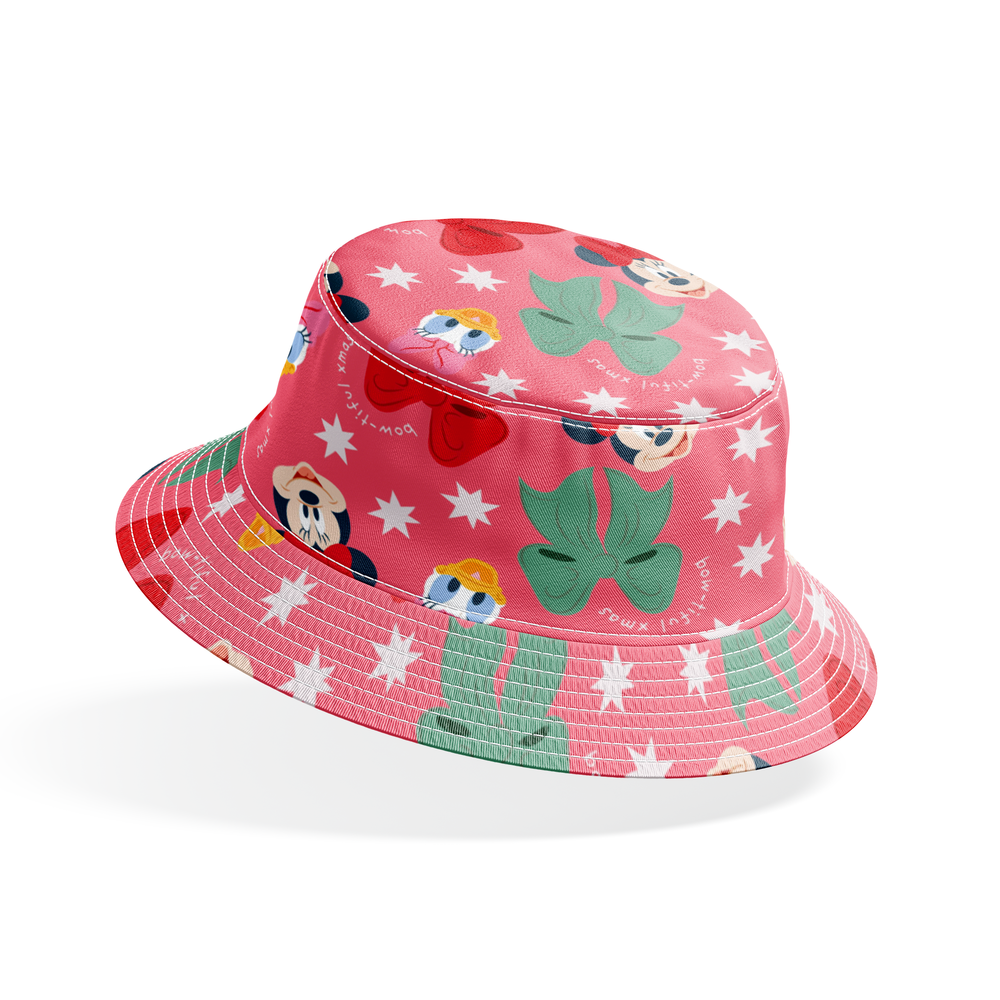 Disney character pattern with Mickey and Minnie Mouse, Donald Duck, bows in red and green on pink background with white stars bucket hat mockup