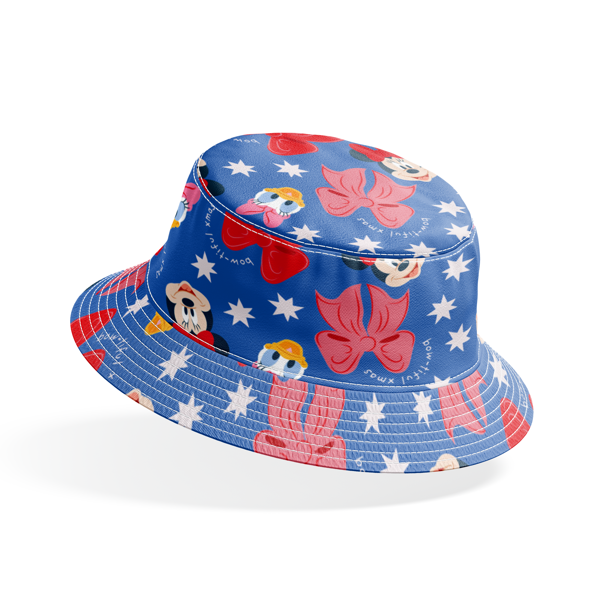 Disney character pattern with Minnie Mouse, Daisy Duck, and pink/red bows on blue background with white stars bucket hat mockup