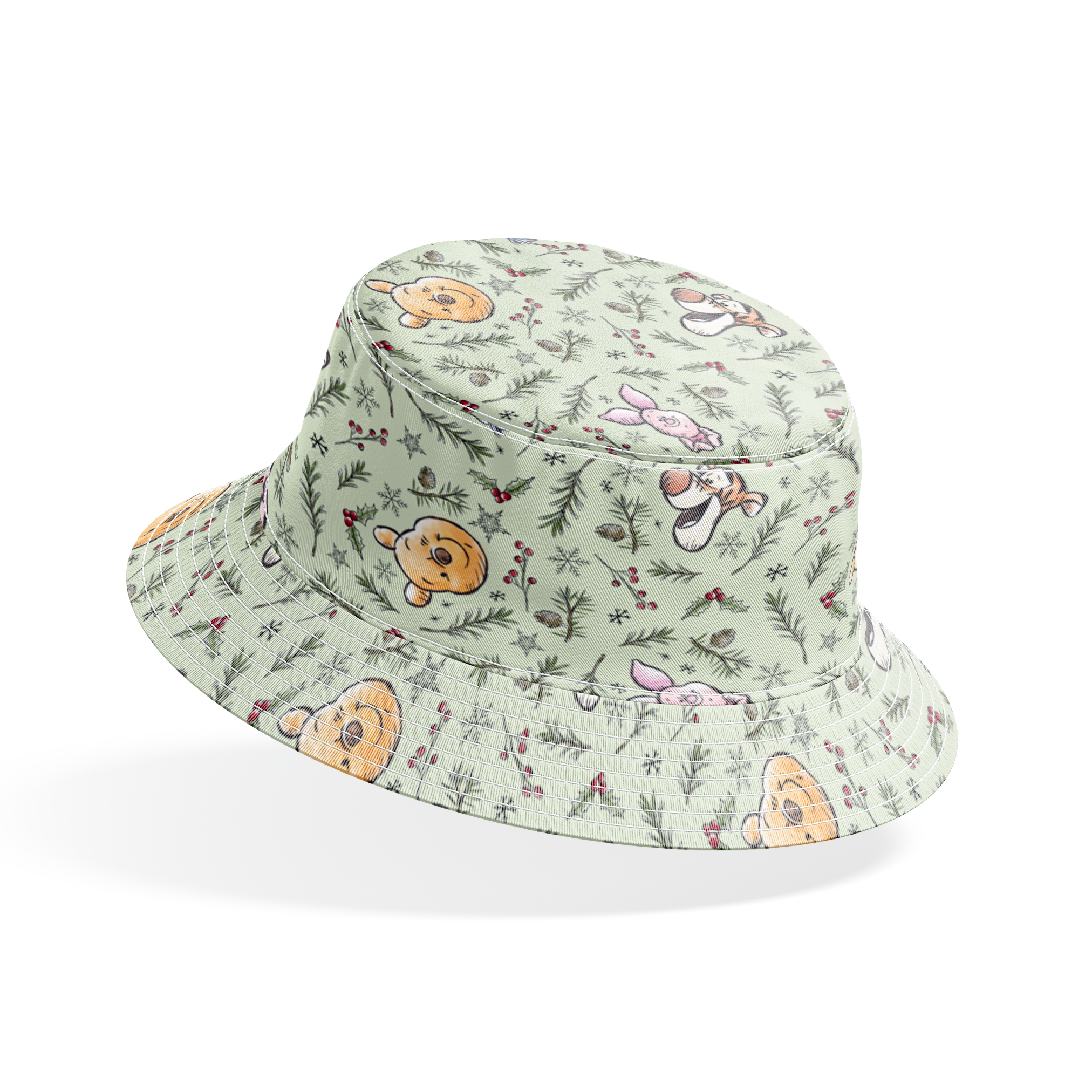 Whimsical holiday pattern with cartoon animals, pine branches, berries, and snowflakes on mint green bucket hat mockup
