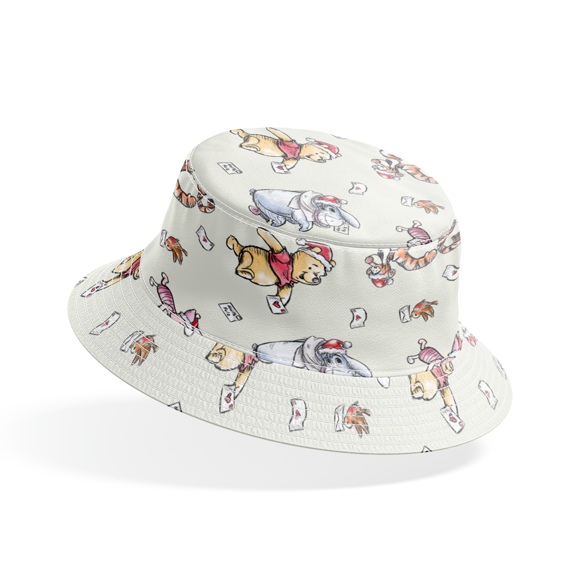 Whimsical cartoon characters in Santa hats on cream background with scattered letters bucket hat mockup