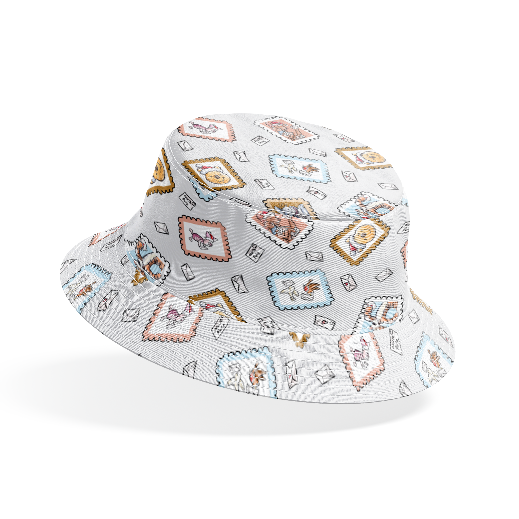 Vintage-style postage stamps with fairy tale illustrations on a light gray background with envelo... bucket hat mockup