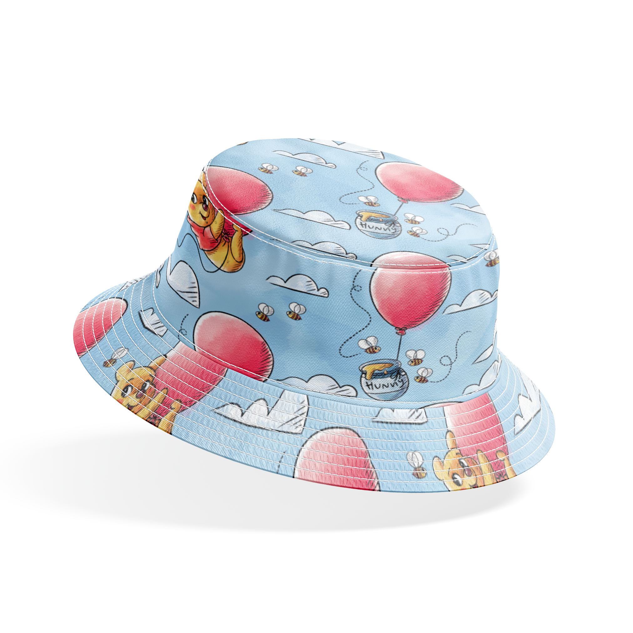 Cute yellow bear characters floating with pink balloons and honey pots against a blue sky with cl... bucket hat mockup