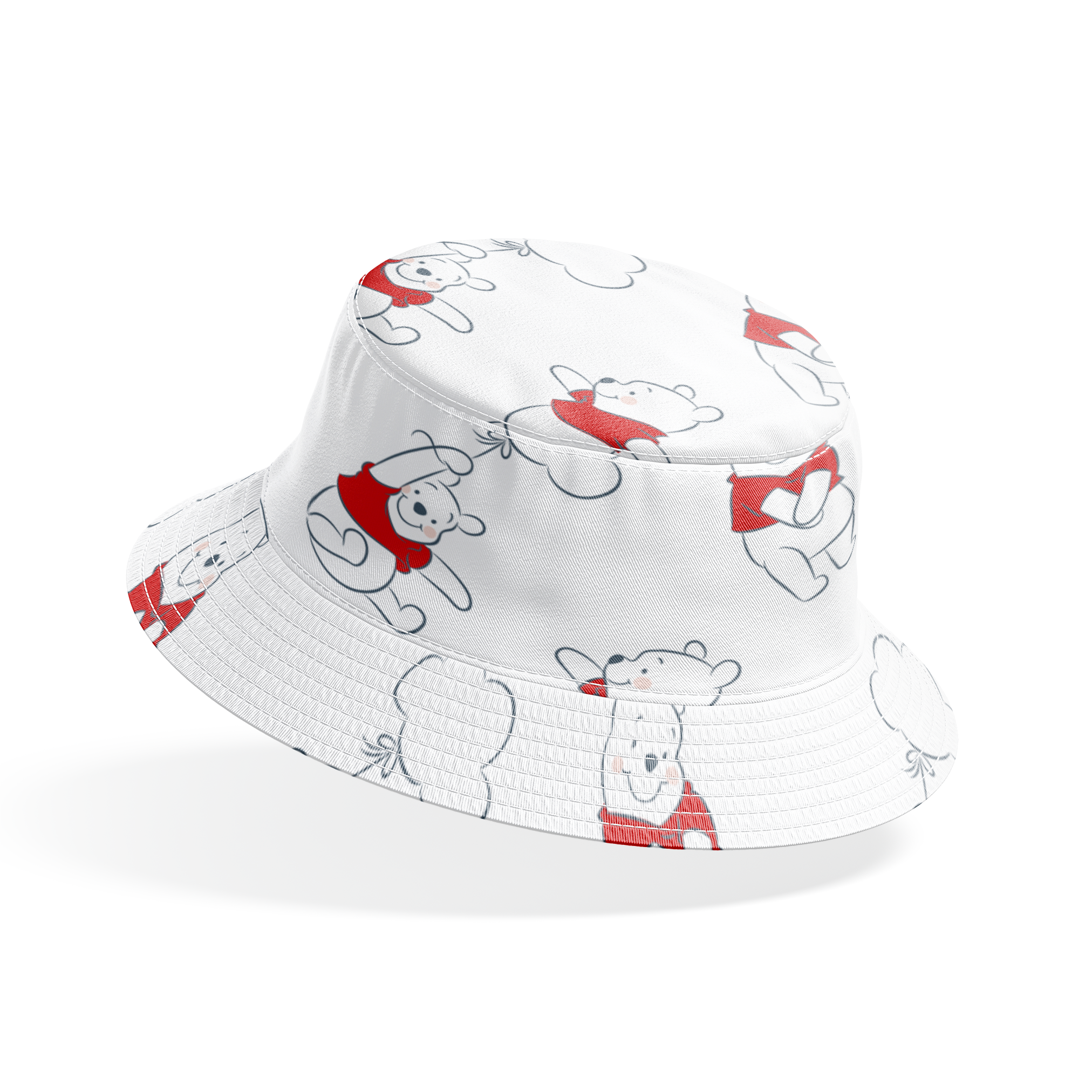 Illustration pattern of Winnie the Pooh in different poses wearing a red shirt on white background bucket hat mockup