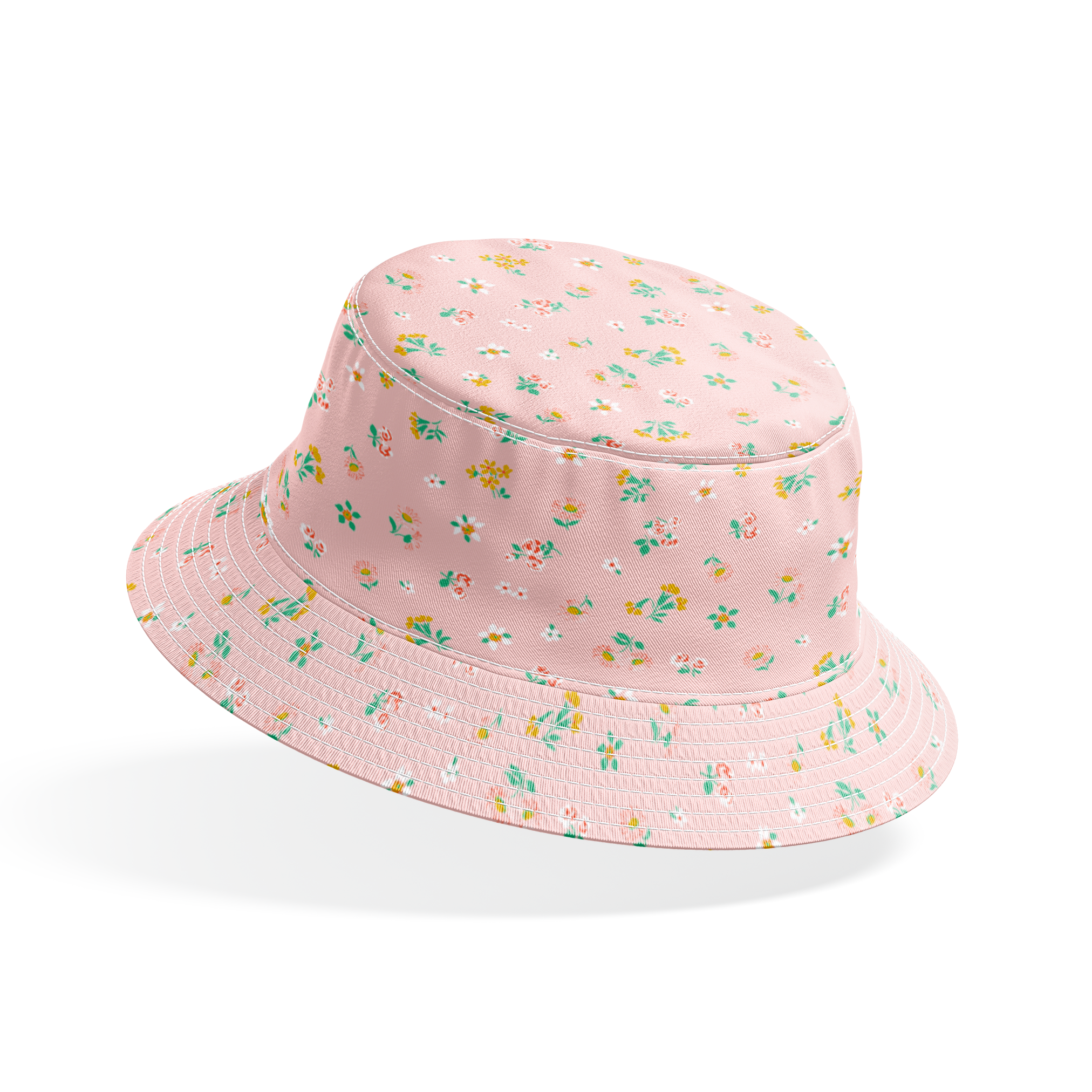 Small floral pattern on pink background with white daisies and yellow, blue, and pink flowers bucket hat mockup